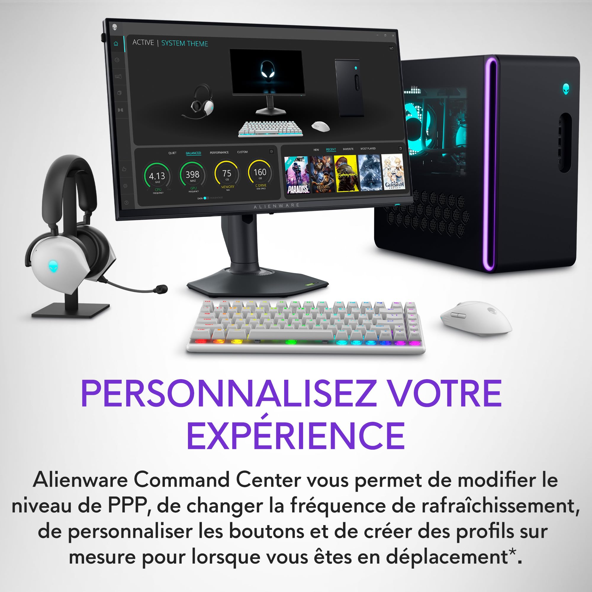 Alienware Pro Souris Gaming Sans Fil, réponse 4 KHz, commutateurs optiques magnétiques, ultralégère <60 g, 120 h d’autonomie, capteur 26 000 PPP, Lunar Light