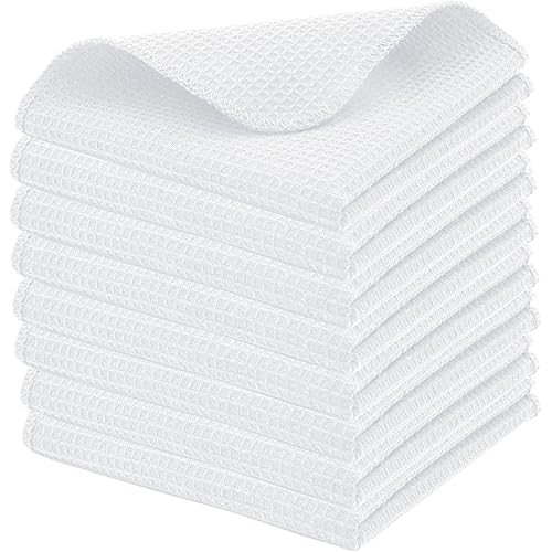 PurpleEssences Dish Cloths and Dish Rags - 8 Pack Waffle Weave Solid Kitchen Dish Wash Cloths, 100% Cotton, 12 x 12 Inches, Ultra Soft Absorbent Quick Drying - Christmas Holiday Winter - White