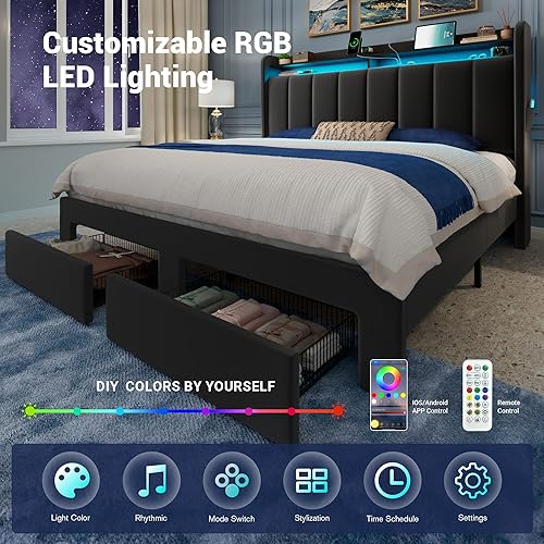 Miniatura 5 de Allewie - Base de cama con plataforma de tamaño Queen, tapizada en terciopelo con diseño acolchado vertical, cabecera con 2 niveles y almacenamiento