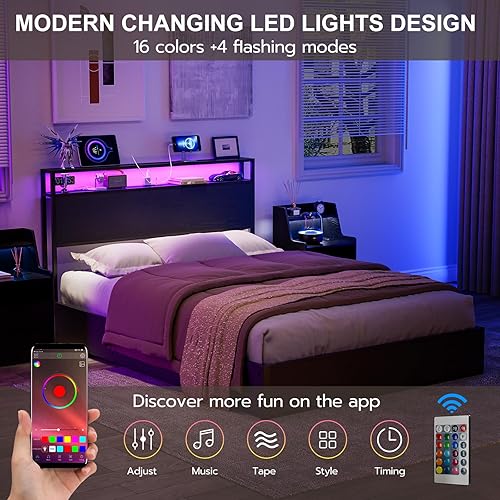 Miniatura 5 de IKIFLY Cabecera de almacenamiento tamaño Queen con luces LED y estación de carga, cabecera industrial de metal y madera, solo para dormitorio, marco