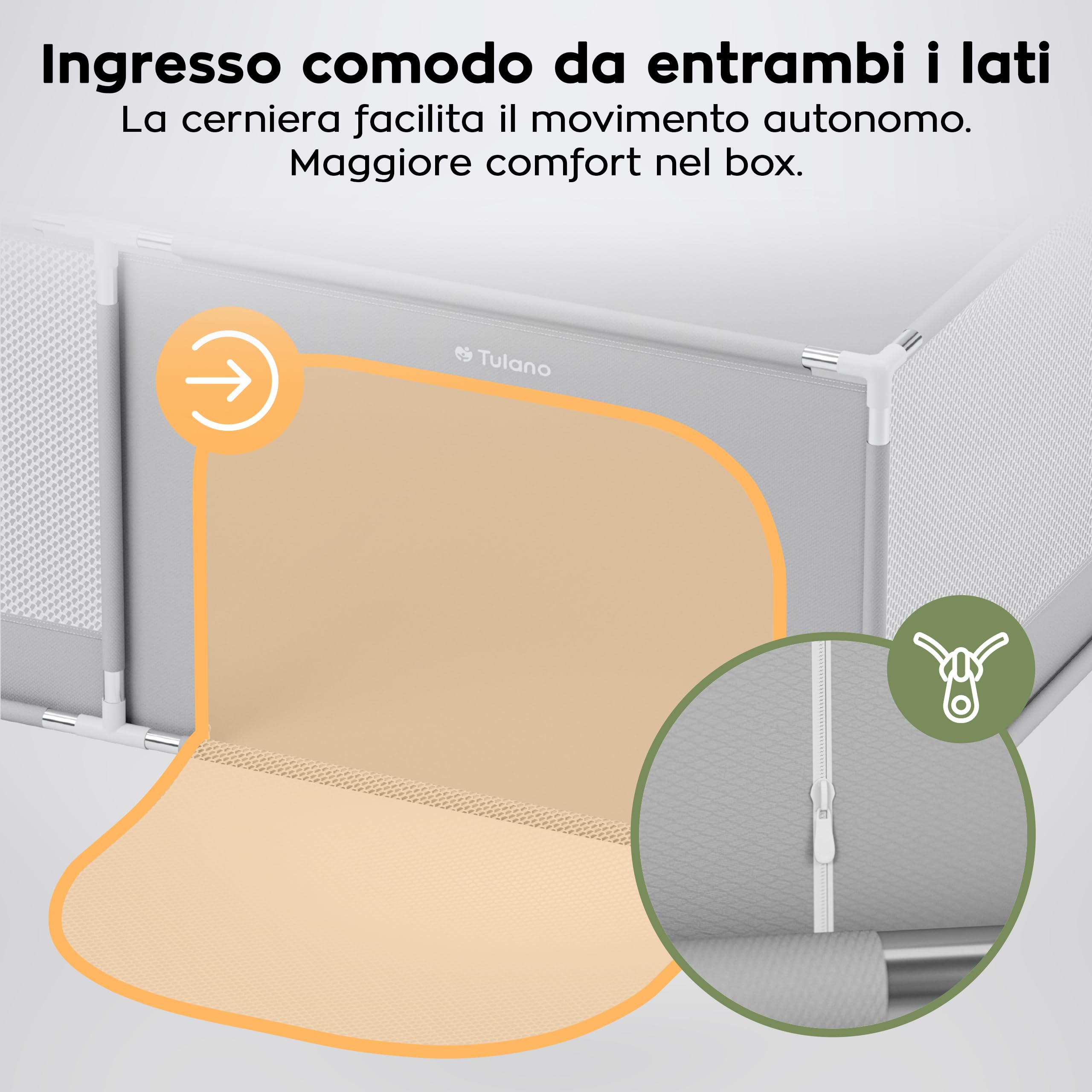 Tulano Cozy 28 Box per Bambini 180x200 cm - da 6 a 36 mesi – Recinto Neonato con Fondo – Struttura in Metallo – Rete Traspirante – Porta con Cerniera – Borsa Inclusa – Casa e Giardino – Grigio