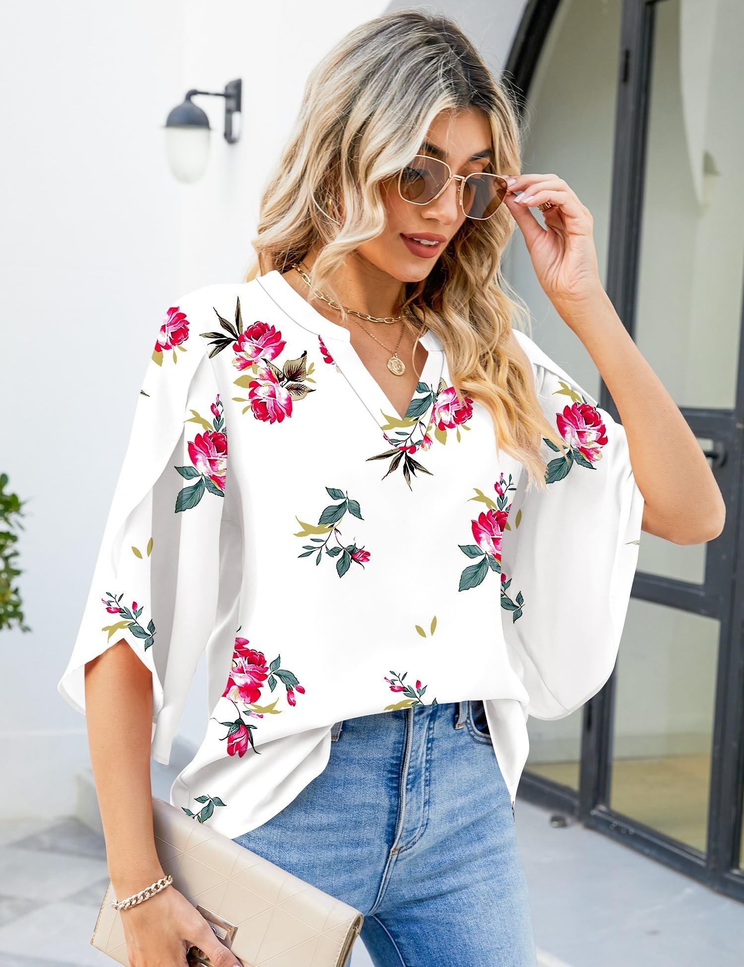LUYAA Blusa casual de gasa para mujer, manga 3/4 con volantes, cuello en V, ajuste holgado, White Red-flower, Large