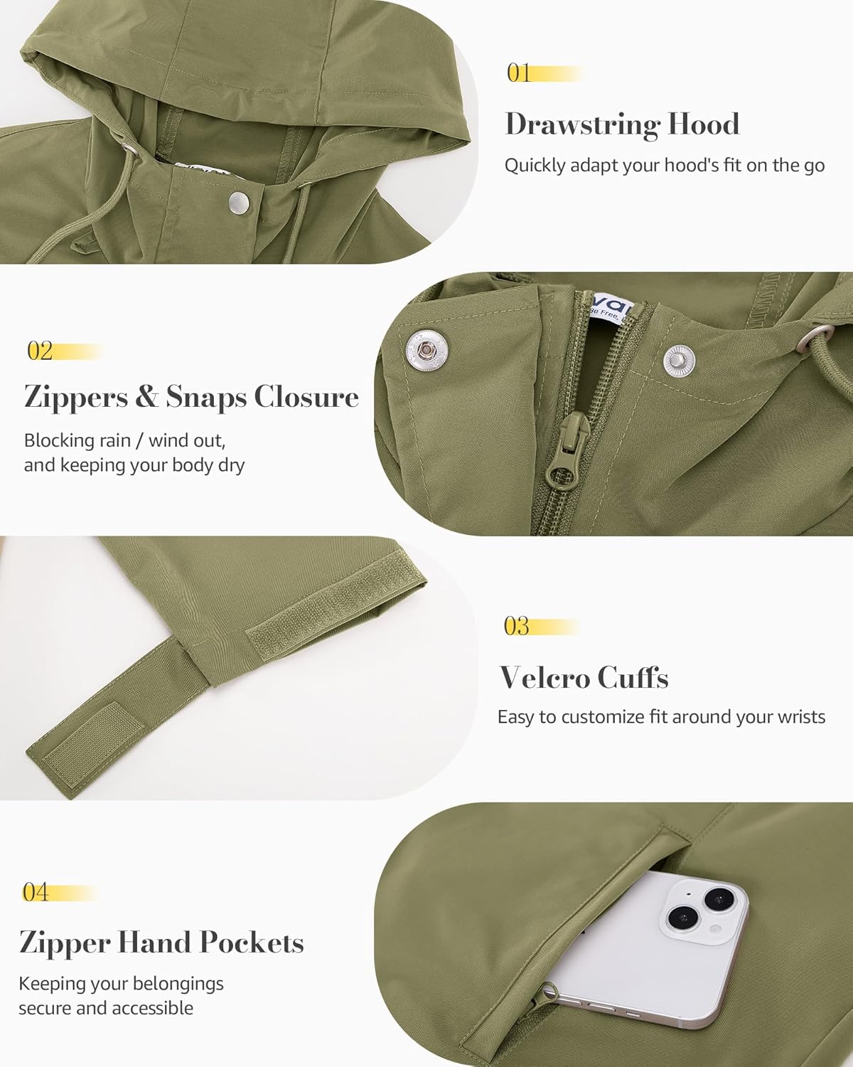 luvamia Rain Jacket Women Waterproof Lightweight Drawstring Zip Rain Coats Hiking Outdoor Travel Windbreaker with Hood