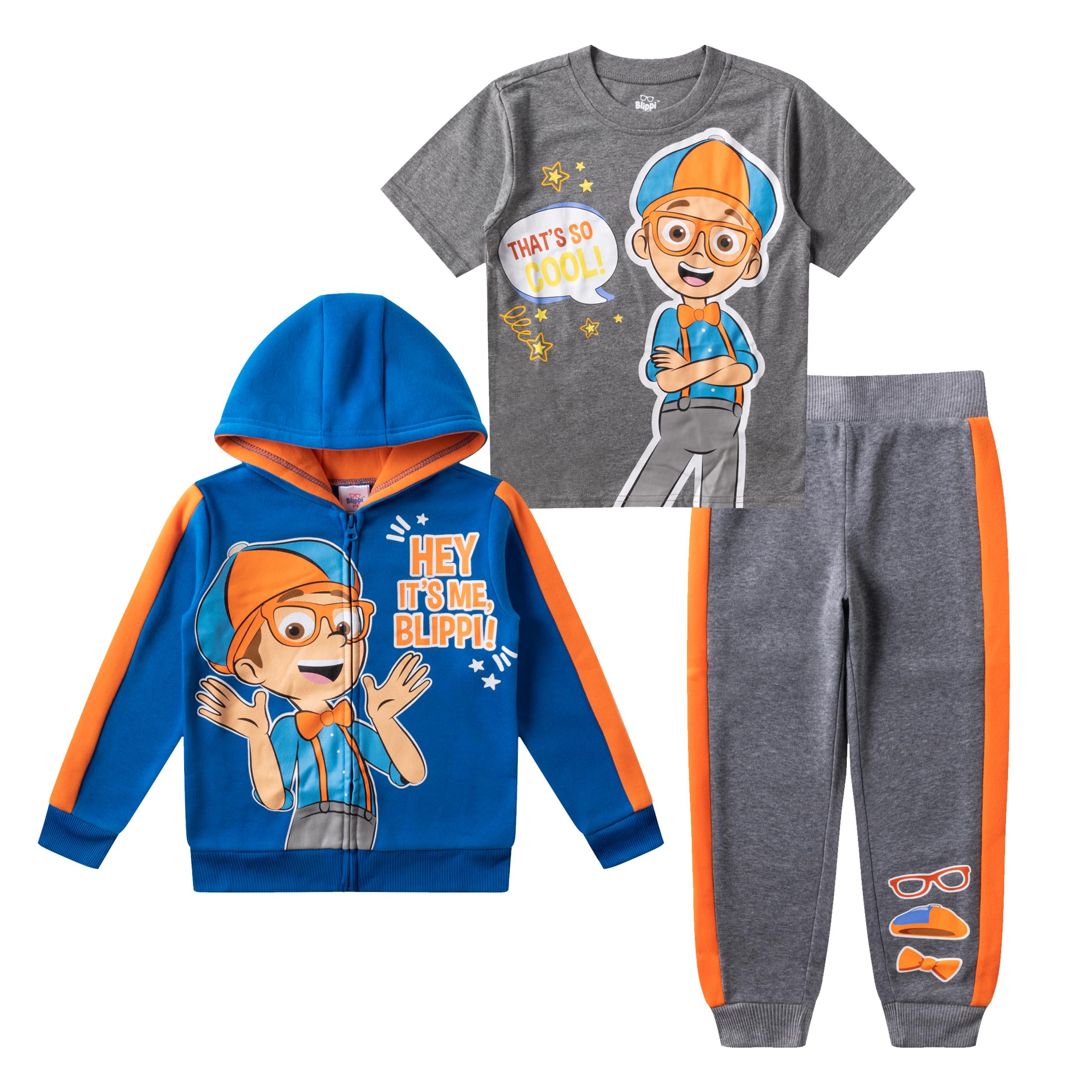 Blippi Set di 3 pezzi, maglietta con cappuccio e pantaloni con cerniera per bambini piccoli