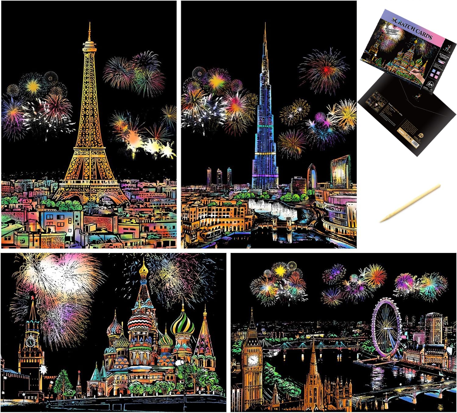 JELLYBABY Cityscape Scratch Art Sheets,City View Scratch Cards,A4 Size,Art Kit For Meditation,Rainbow Scratch Paper,Art And Craft For Adults And Kids,Women'S Crafting Hobby,Multicolor