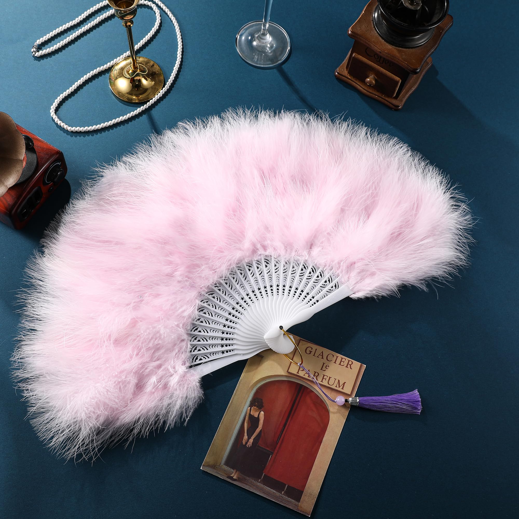 SOGUGOM Black Feather Fan with Headband - Renaissance, Rave, Hand Fan for 1920s Gatsby Party, Clothing Accessory and Party Decoration: Lavender Purple Large