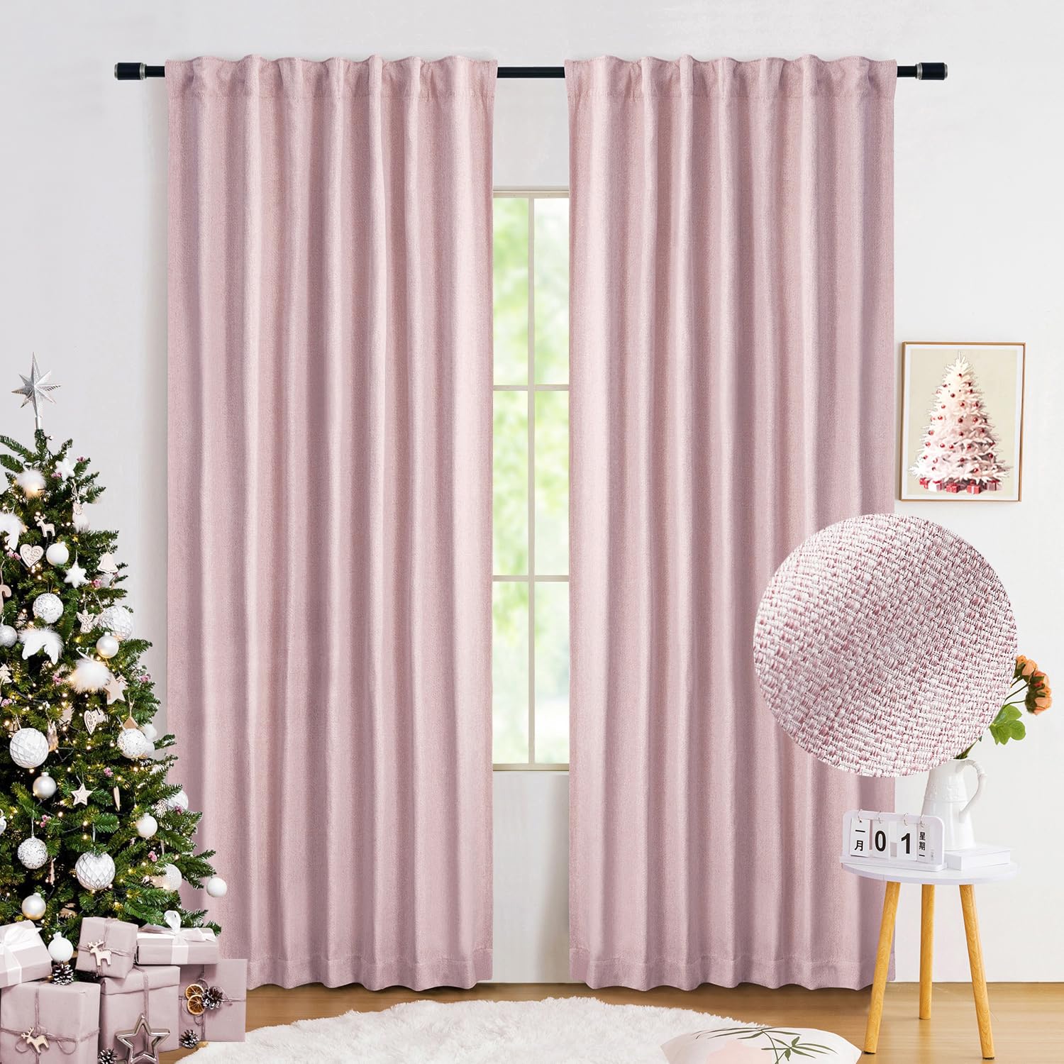 Pink Full Blackout Curtains for Nursery Girls Bedroom 90 Inches Long Burlap Linen Textured Thermal Insulated 100 Room Darkening Back Tab Rod Pocket Drapes for Living Room Dining 52"W 2 Panels