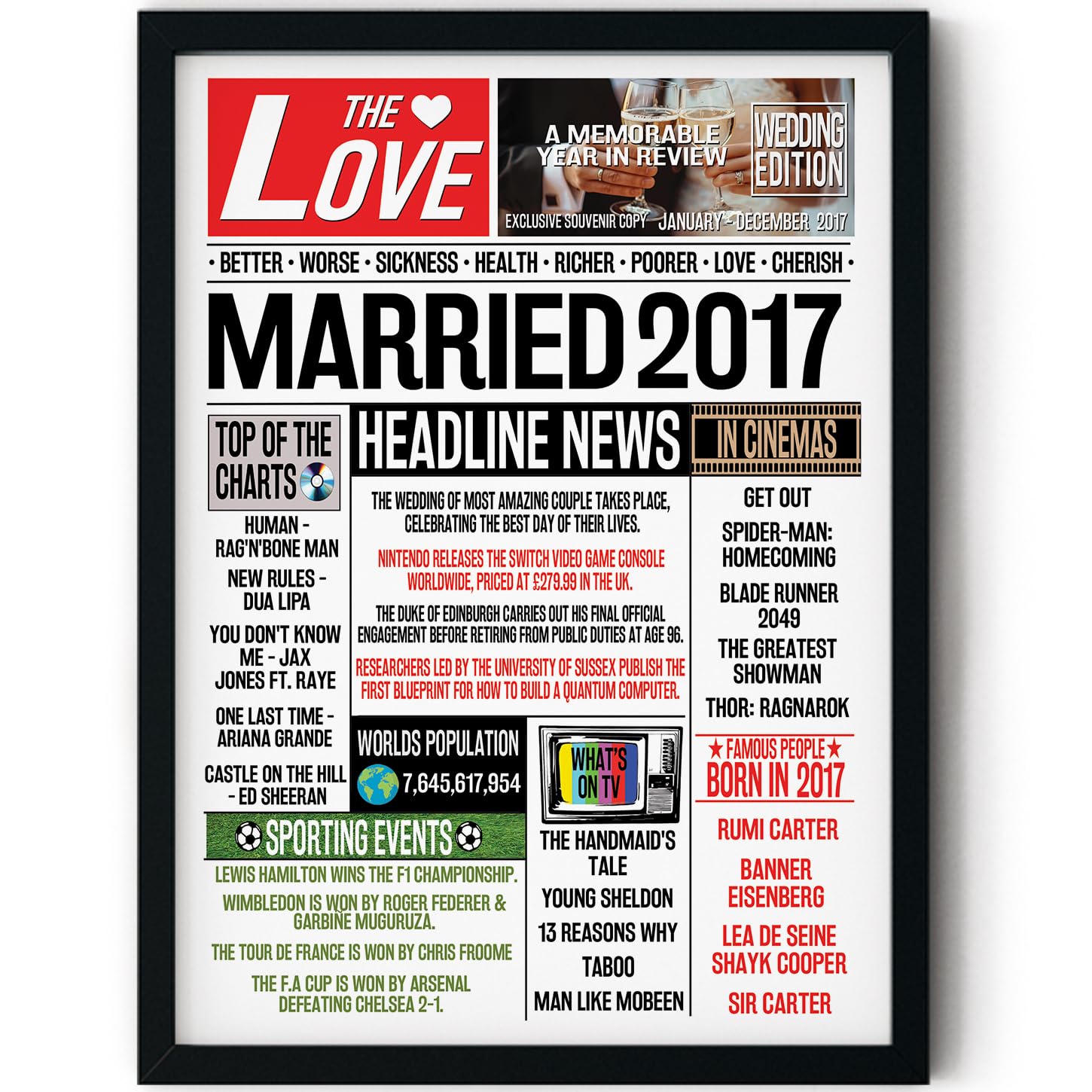 Stuff4 Men's 2017 9Th Anniversary Poster Framed - Married In Newspaper - Happy 9Th Wedding Anniversary For Wo Vintage Retro Back In 8X10 Inch Anniversaries Posters