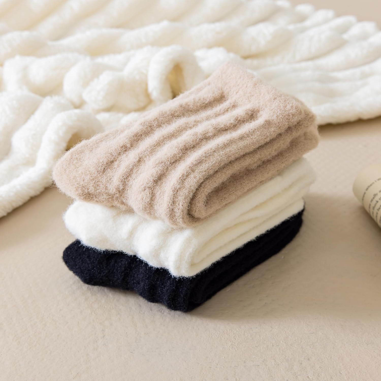 Condition photo showing New/Like New for womens cozy crew socks soft winter sleeping christmas fuzzy ankle socks 3 pairs size 5-10 one size solid color a