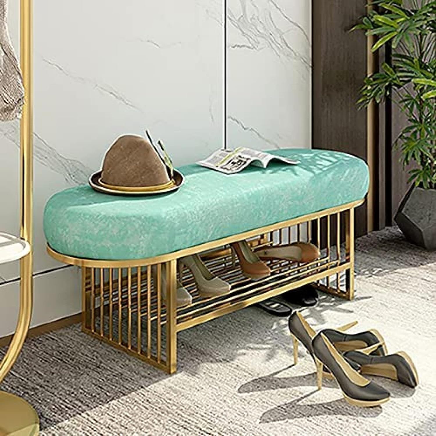 - EDEUEQUE Entryway Metal Frame Shoe Rack Bench End of Bed Bench Shoe Changing Stool for Living Room Hallway Bedroom with 1 -Layer Shelf (Green)