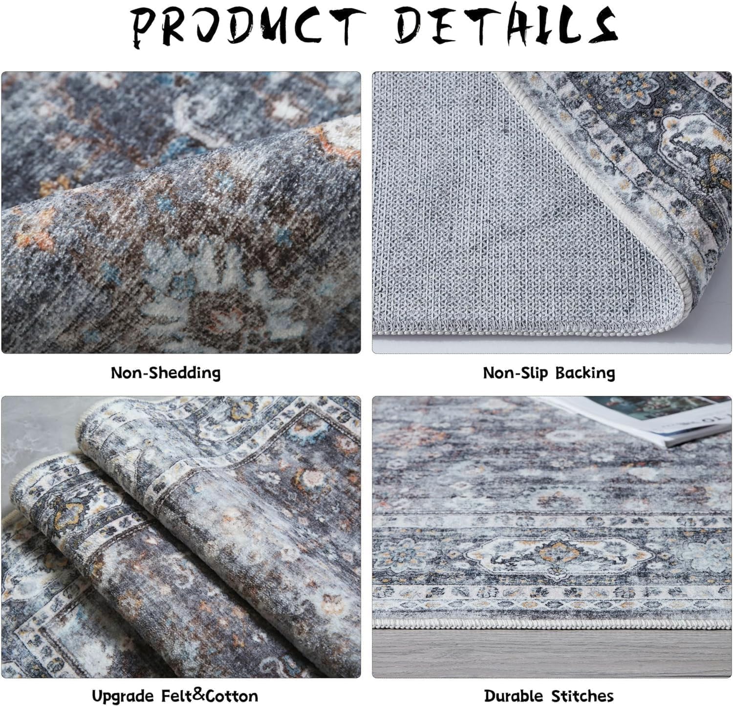 Runners for Hallways Kitchen Runner Rug Non Slip 2'x10' Long Washable Rugs with Rubber Backing Soft Vintage Carpet Runner for Hallways, Kitchen, Laundry, Bedroom, Bathroom (Grey)