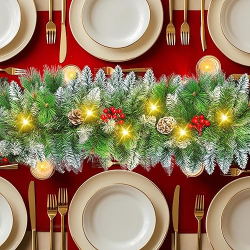 Miniatura 5 de Guirnalda de Navidad con luces, guirnalda flocada preiluminada de 9 pies con 30 bombillas LED, bayas rojas, piñas de pino, guirnalda de pino