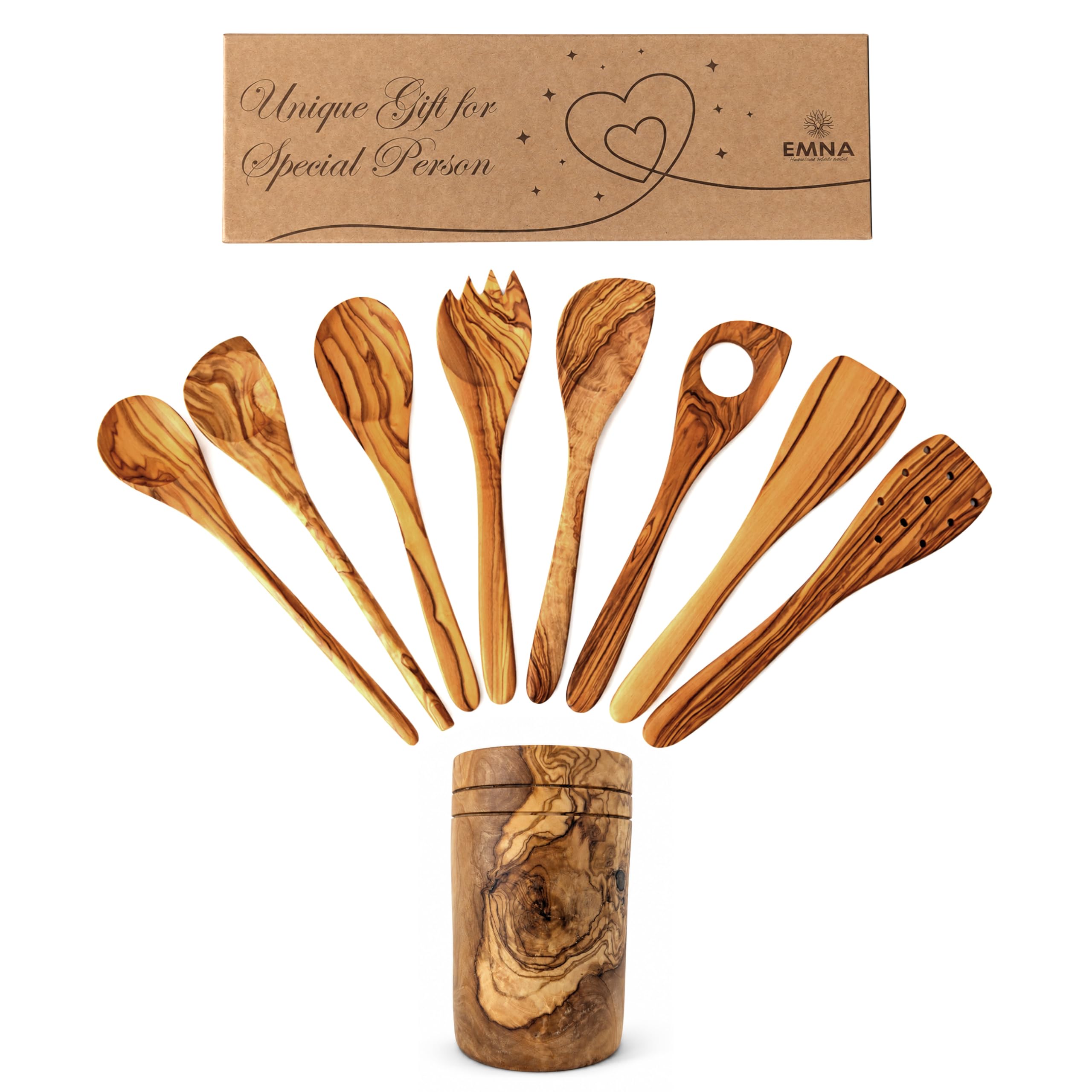 EMNA Juego de 9 utensilios de cocina de madera de olivo – Juego de cucharas de cocina con espátula, cubiertos para ensalada y soporte para utensilios | Caja de regalo "Unique Gift for Special Person