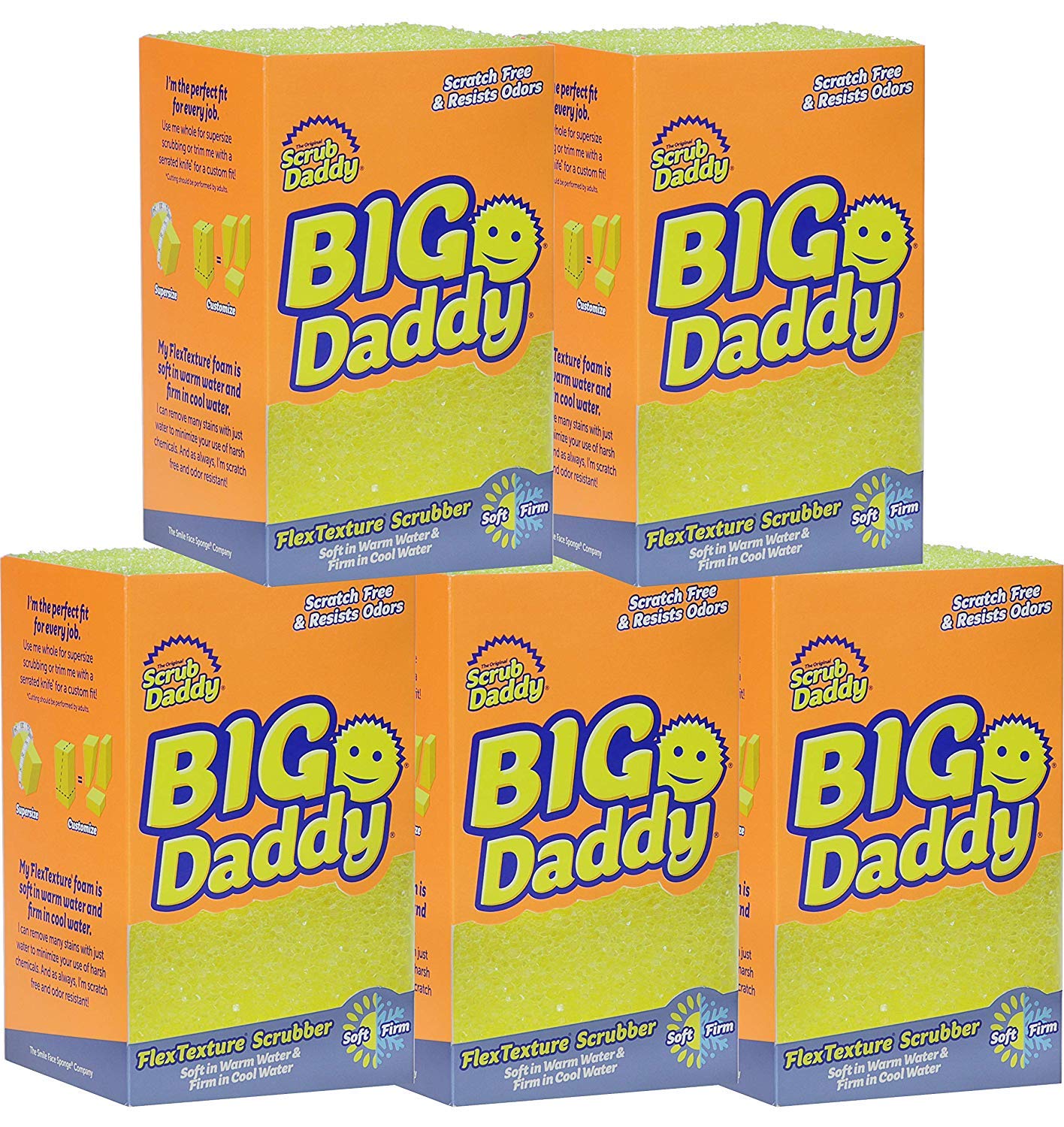 Scrub Daddy Large Sponge - Big Daddy - Scratch-Free Sponge for Dishes and Home, Odor Resistant, Customizable Size, Temperature Controlled, Deep Cleaning, Dishwasher Safe, Multi-use, 1ct (5 Pack)