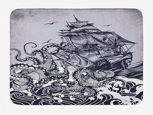 Ambesonne Tapete de baño náutico pulpo y barco en una tormenta elementos marinos con océano ondulado tapete de decoración de baño de felpa con