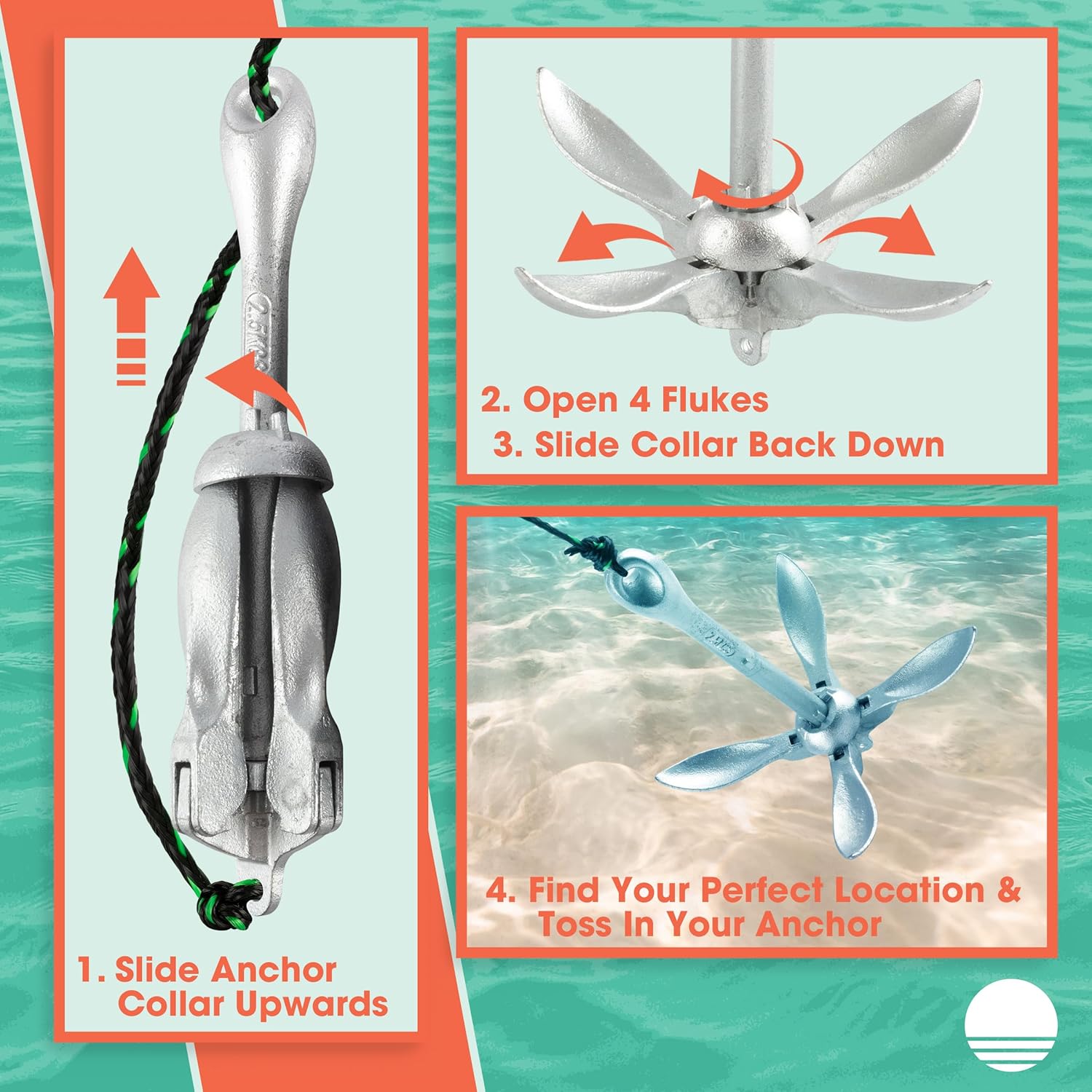 Kayak Anchor - Pound Folding Anchor for Paddle Board, SUP, Canoe, PWC, or Fishing - Jet Ski Anchor Kit with 40 ft Marine Grade Rope - Jetski and Kayak Accessories by RAD Sportz (Silver)