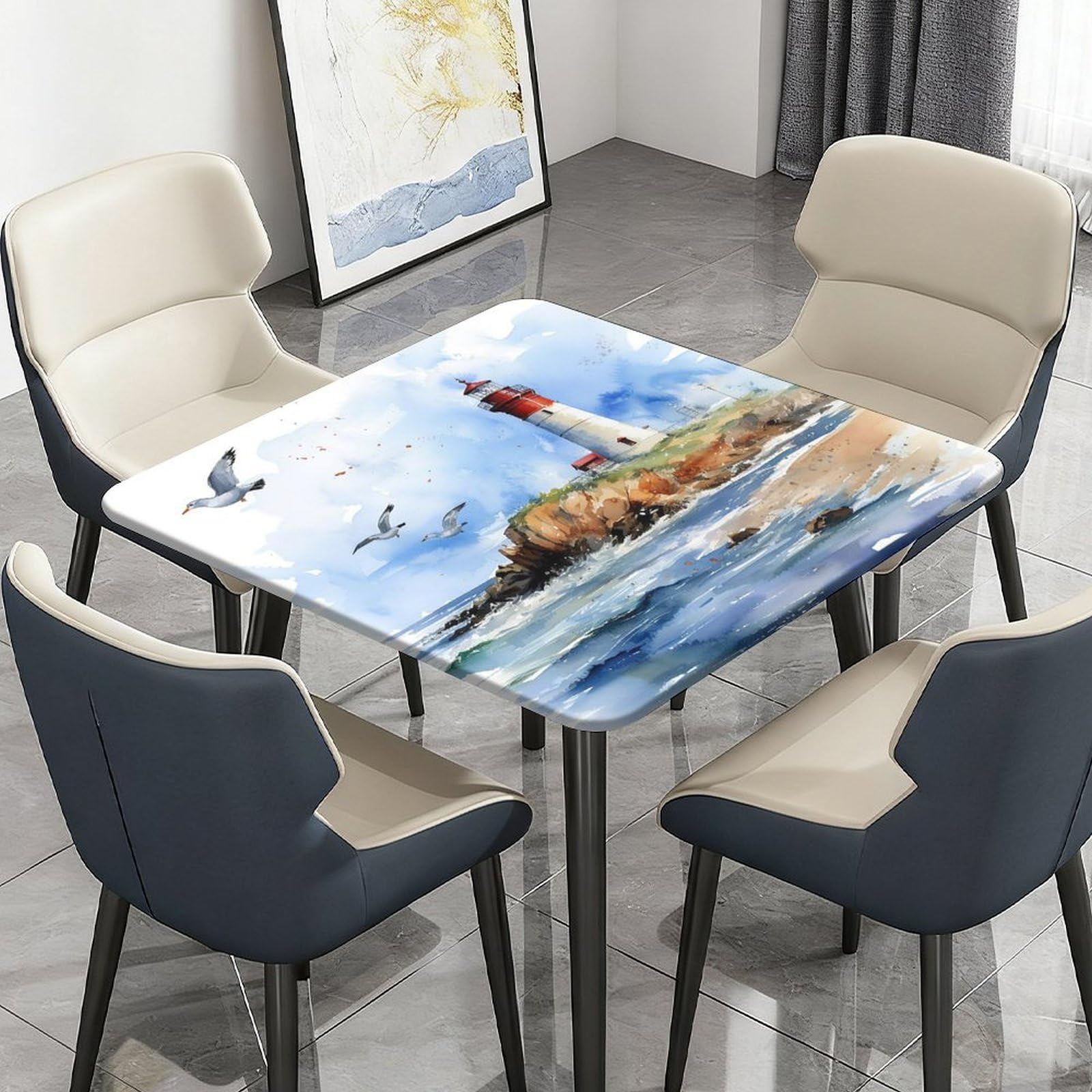 Tovaglia quadrata con bordo elastico, motivo faro oceanico, impermeabile, per sala da pranzo, feste di nozze, picnic, 130 cm