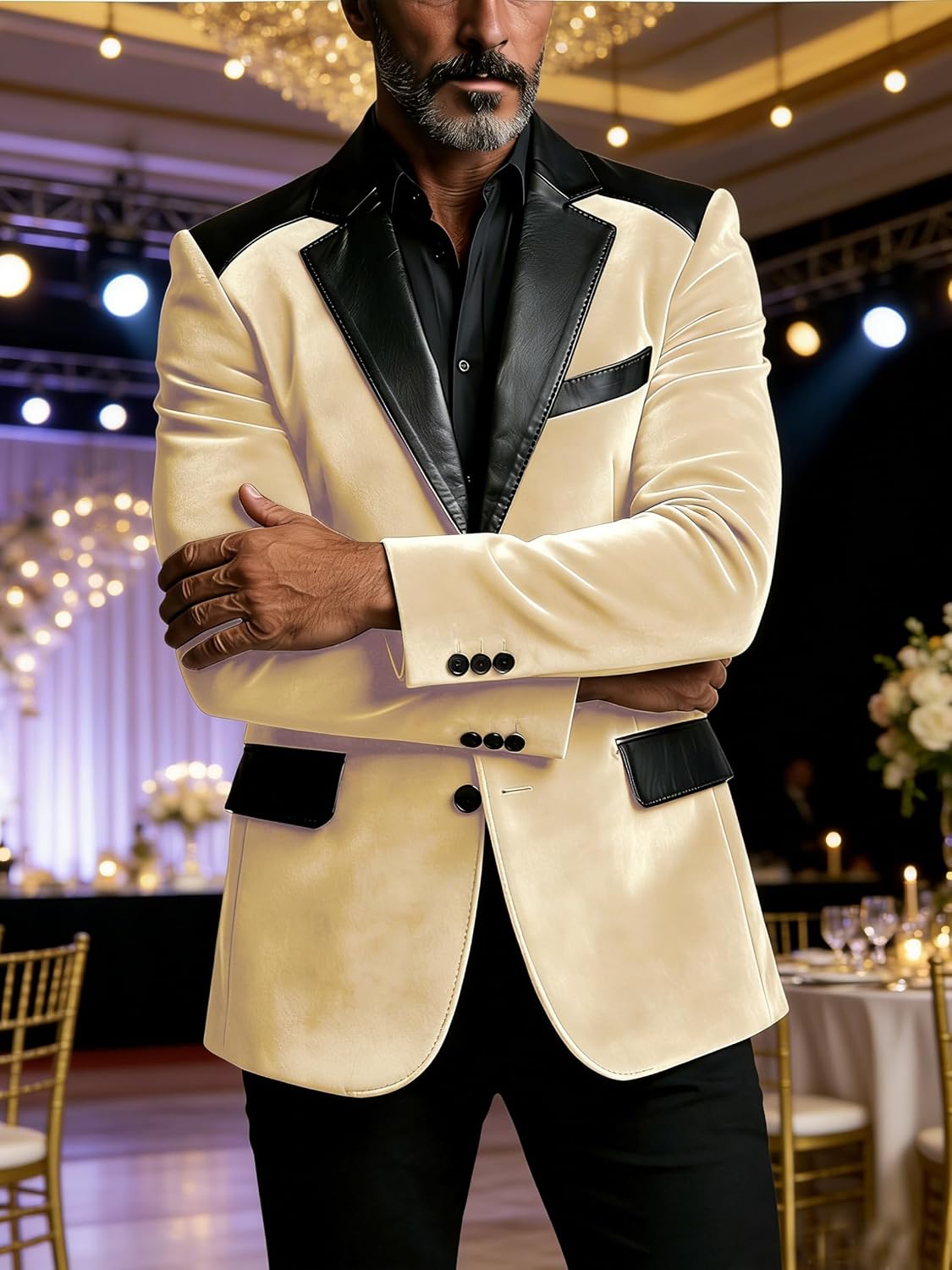 Men's Velvet Suit Jacket Velvet Blazer Splicing Leather Slim Fit Tuxedo Jacket Dinner Party Wedding Prom