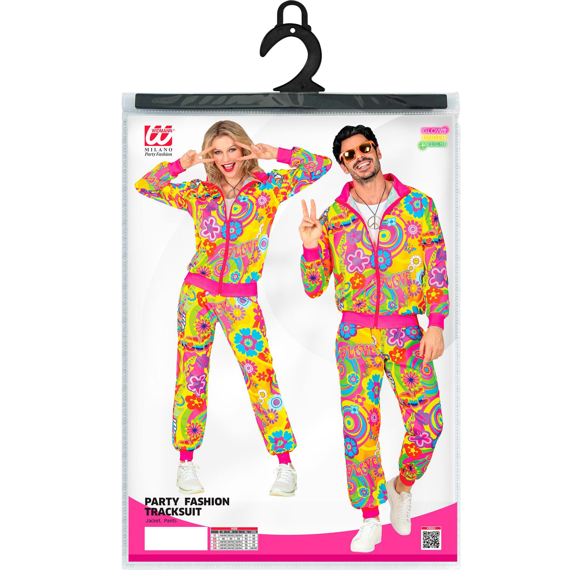 W WIDMANN MILANO Party Fashion Kostüm Trainingsanzug, Flower Power Hippie, Neon, Blumenmuster, 80er Jahre Outfit, Jogginganzug, Bad Taste Outfit, Faschingskostüme