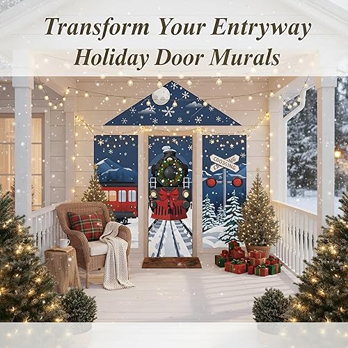 Miniatura 6 de Kathfly 4 piezas de decoración de tren de Nochebuena para porche, tren de noche nevada, pista de ferrocarril, pasillo, casa, puerta, telón de fondo,