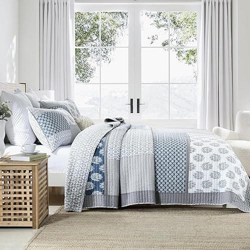 Miniatura 2 de Y-PLWOMEN Edredón de 100% algodón individual con 1 funda de almohada para todas las estaciones, azulblancogris