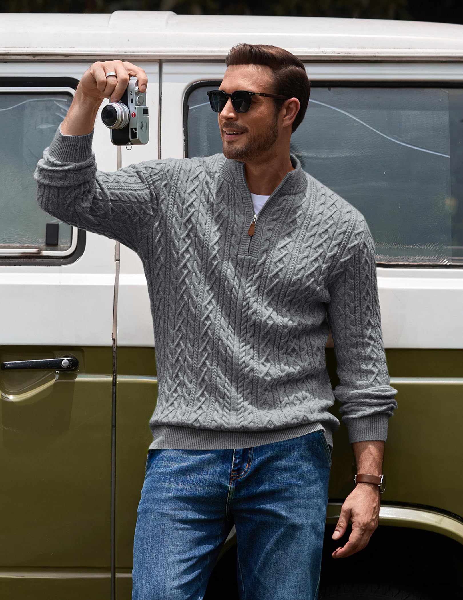 COOFANDY Herren-Pullover mit Viertelreißverschluss, lässiger