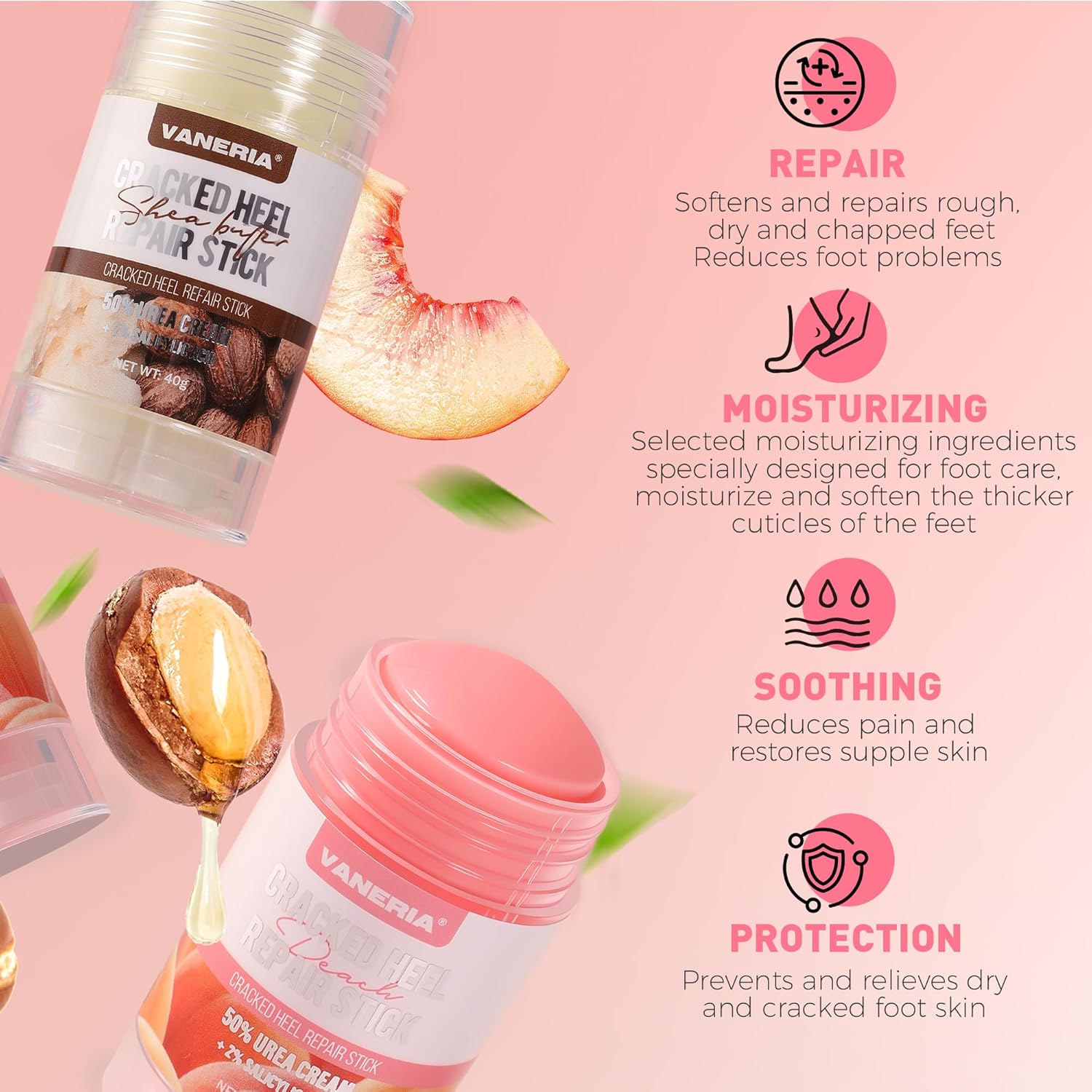 VANERIA Cracked Heel Repair Stick,Heel Balm for Dry Cracked Feet Treatment with Shea Butter & Coconut Oil,Deeply Moisturize & Soften Feet,Exfoliates Dead Skin 40g(Peach Scent) - Image 4