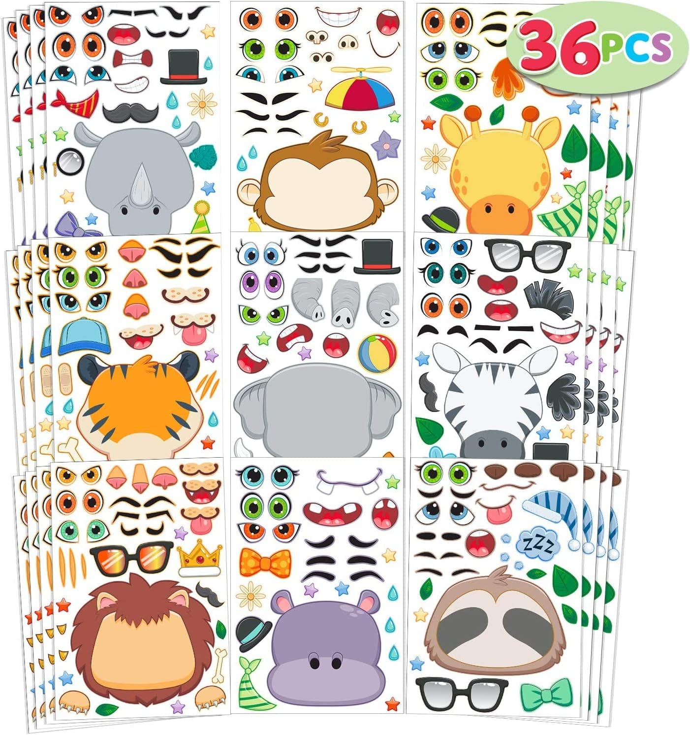 36 PCSKids Party Favor Set ,Make-a-face Sticker Sheets Make Your Own Animal Mix and Match Sticker Sheets with Safaris, Sea and Fantasy Animals Kids Party Favor Supplies Craft(Randow Animals)