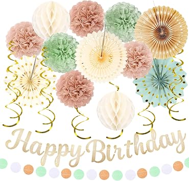 Birthday Decorations for Women, Sage Green Blush Pink Beige Party Decorations - 20pcs Cream Light Dusty Pink Paper Pompoms Fan,Streamers,Lanterns,Happy Birthday Banner,Rustic Backdrop Decor