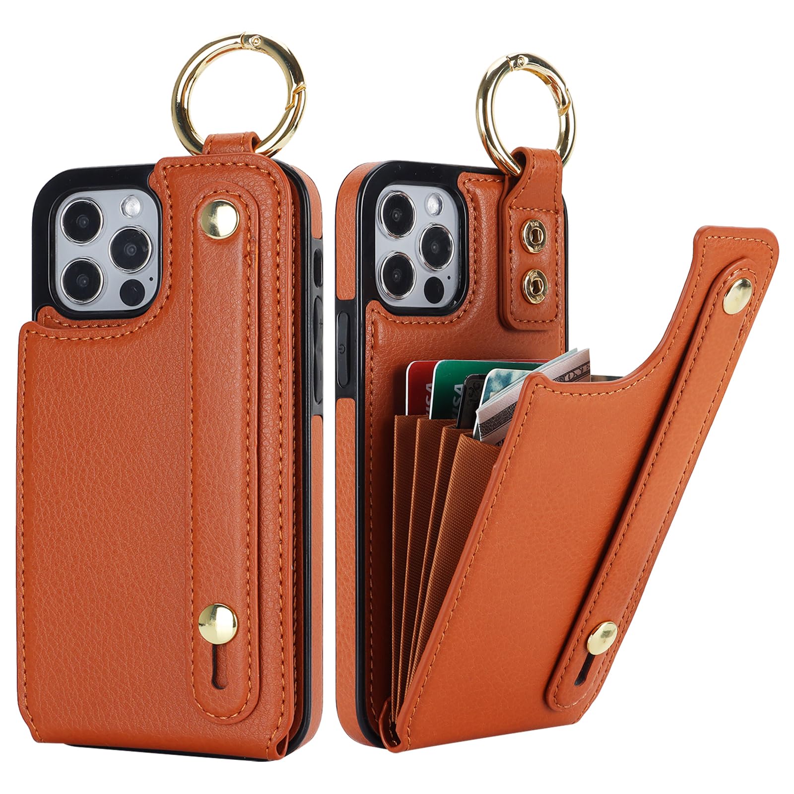 Folosu for iPhone 12/12 Pro Wallet Case with Card Holder, Hand Wrist Strap Loop Holder Kickstand, RFID Blocking Finger Grip Ring PU Leather Double