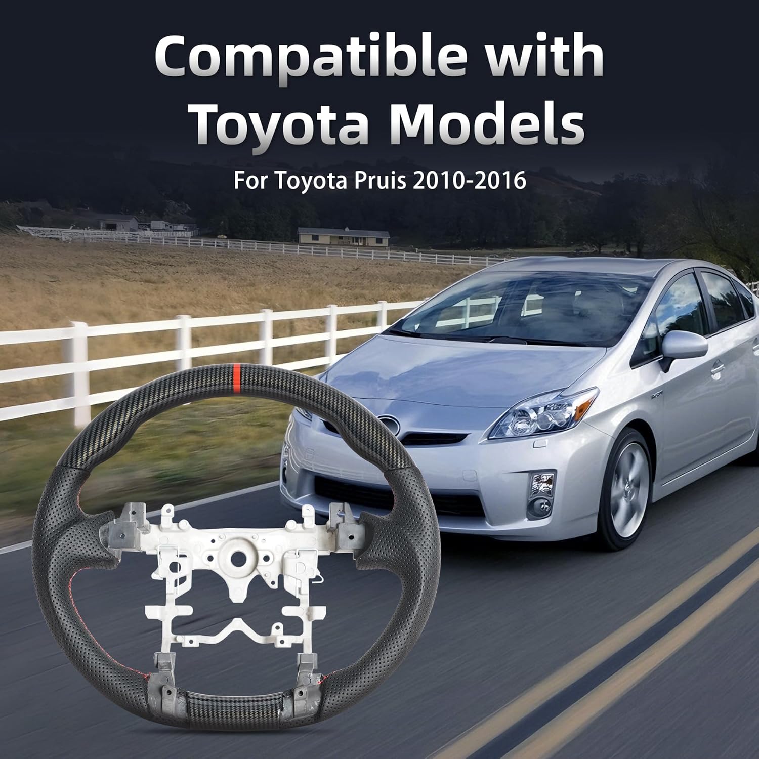 Hydro-Dip Carbon Fiber Steering Wheel for Toyota Prius 2010-2016 D-shaped Nappa Perforated Leather Flat-bottom Steering Wheel (Red Positioning Line)