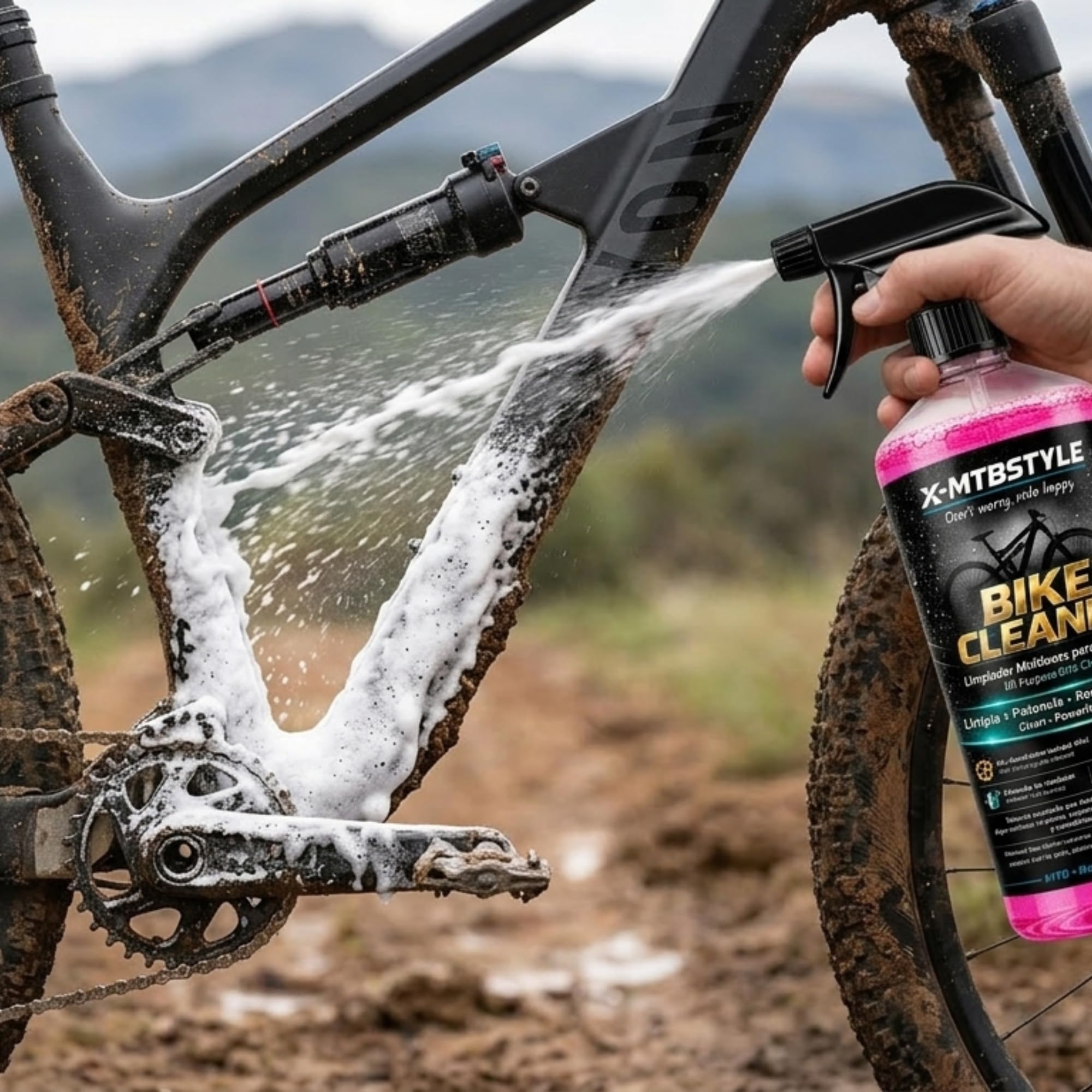 X-MTBSTYLE Środek do czyszczenia rowerów, 750 ml, spray do czyszczenia rowerów górskich, elektrycznych i szosowych - usuwa błoto, tłuszcz i brud - łagodny do malowania, łańcucha i komponentów (Dry