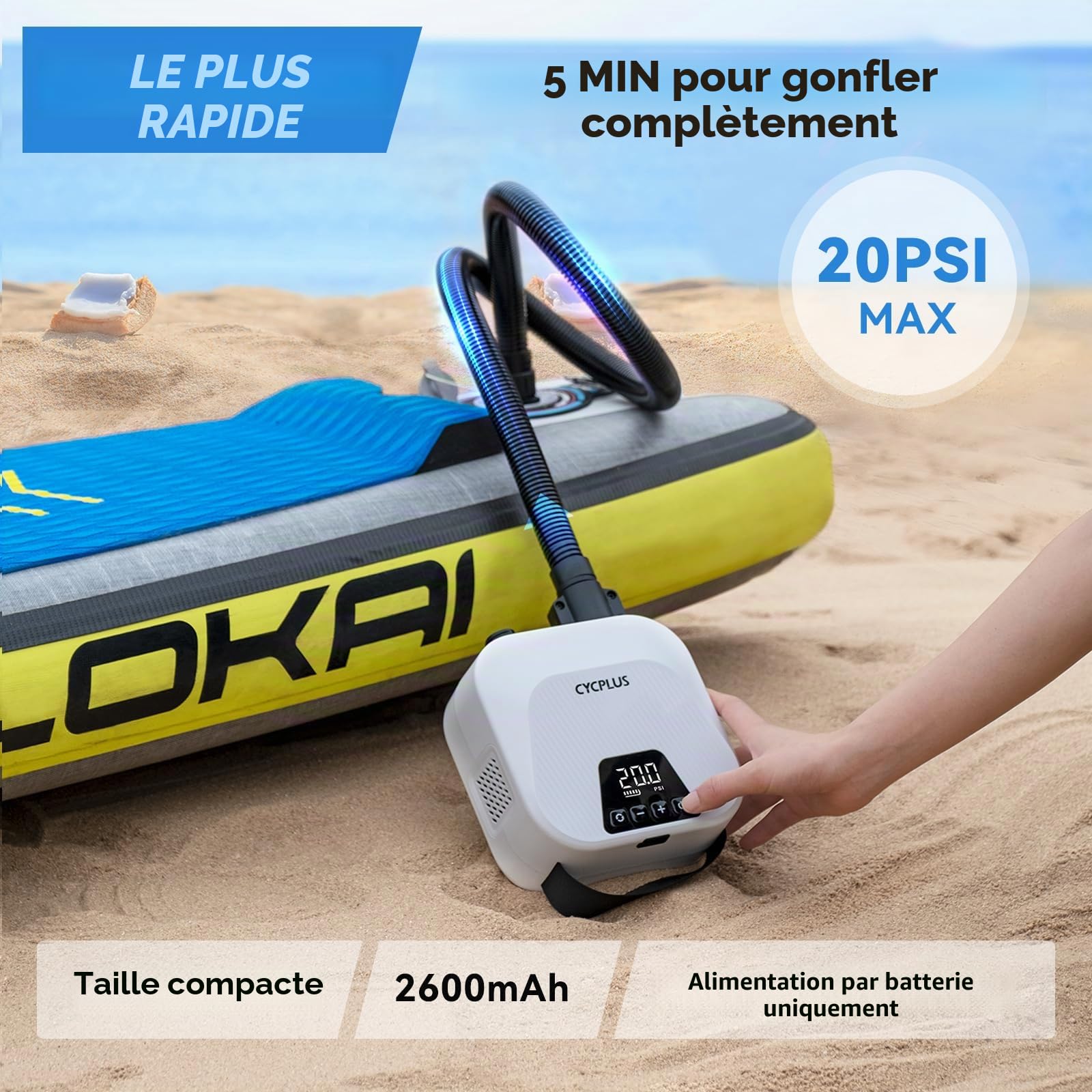 CYCPLUS Pompe à air Intelligente Haute Pression 20PSI, gonflage et dégonflage intelligents à Deux étapes, Pompe à air pour Planches de Paddle, Kitesurf, Tente, Matelas.