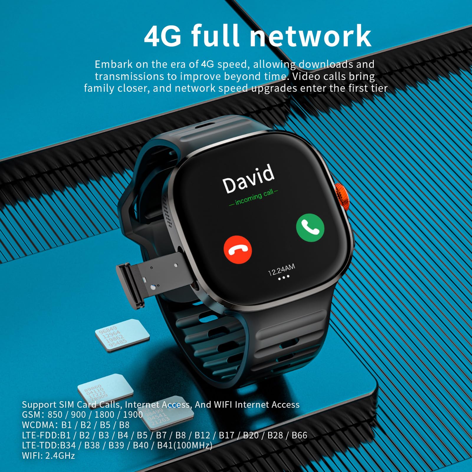 Luocute 4G Smart Watch z 2,16-calowym Ekranem Dotykowym, WiFi GPS BT Smartwatch, Tłumaczenie w Czasie Rzeczywistym AI, Karta SIM Nano SIM, Niezależna Rozmowa Telefoniczna, śledzenie (BLACK)