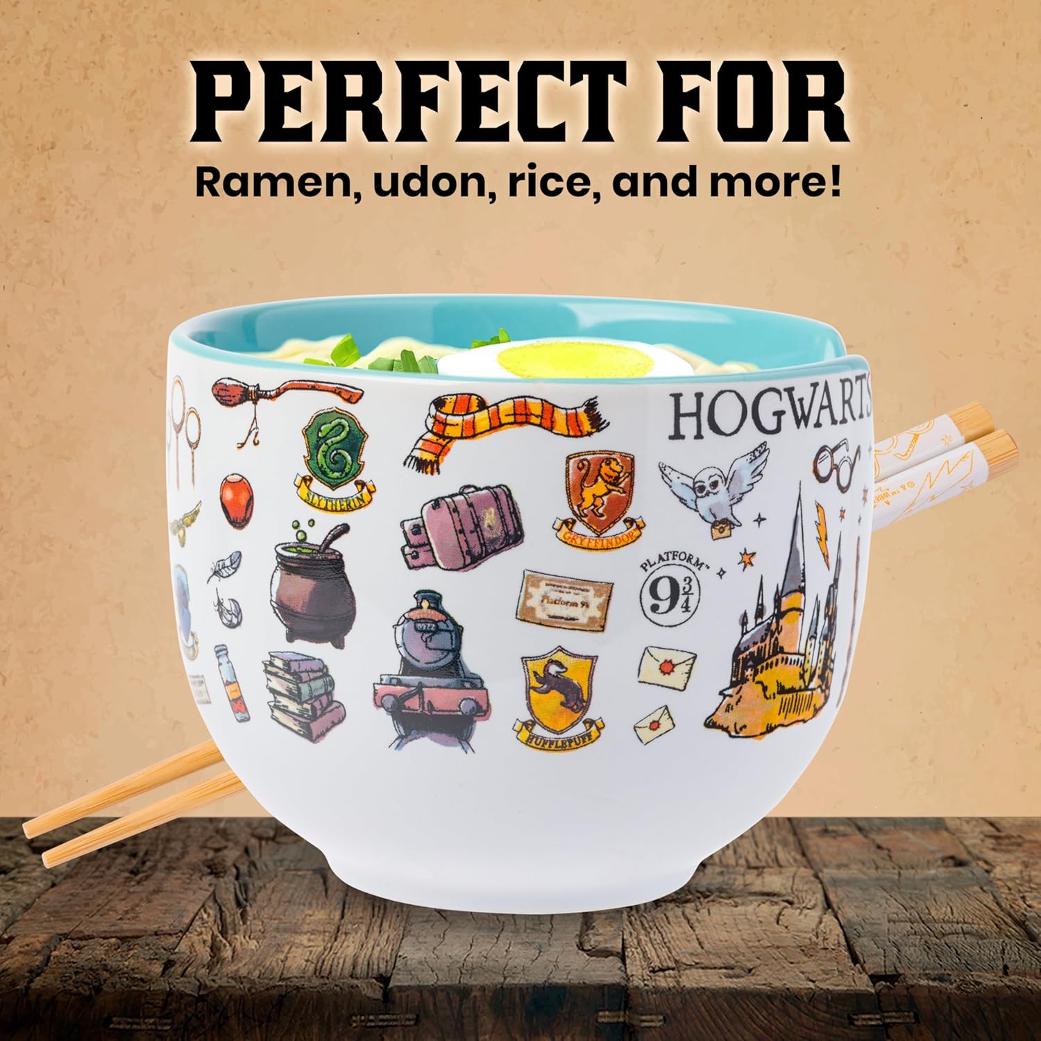 Silver Buffalo Harry Potter Icons Ceramic Ramen Noodle Rice Bowl with Chopsticks, Microwave Safe, 20 Ounces - Image 4
