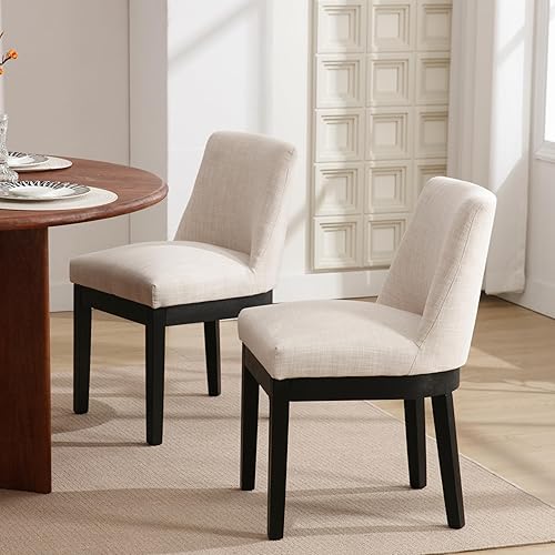 Miniatura 6 de Juego de 4 sillas de comedor modernas cómodas con respaldo, sillas laterales de cocina tapizadas en tela de lino con patas de madera negra para sala