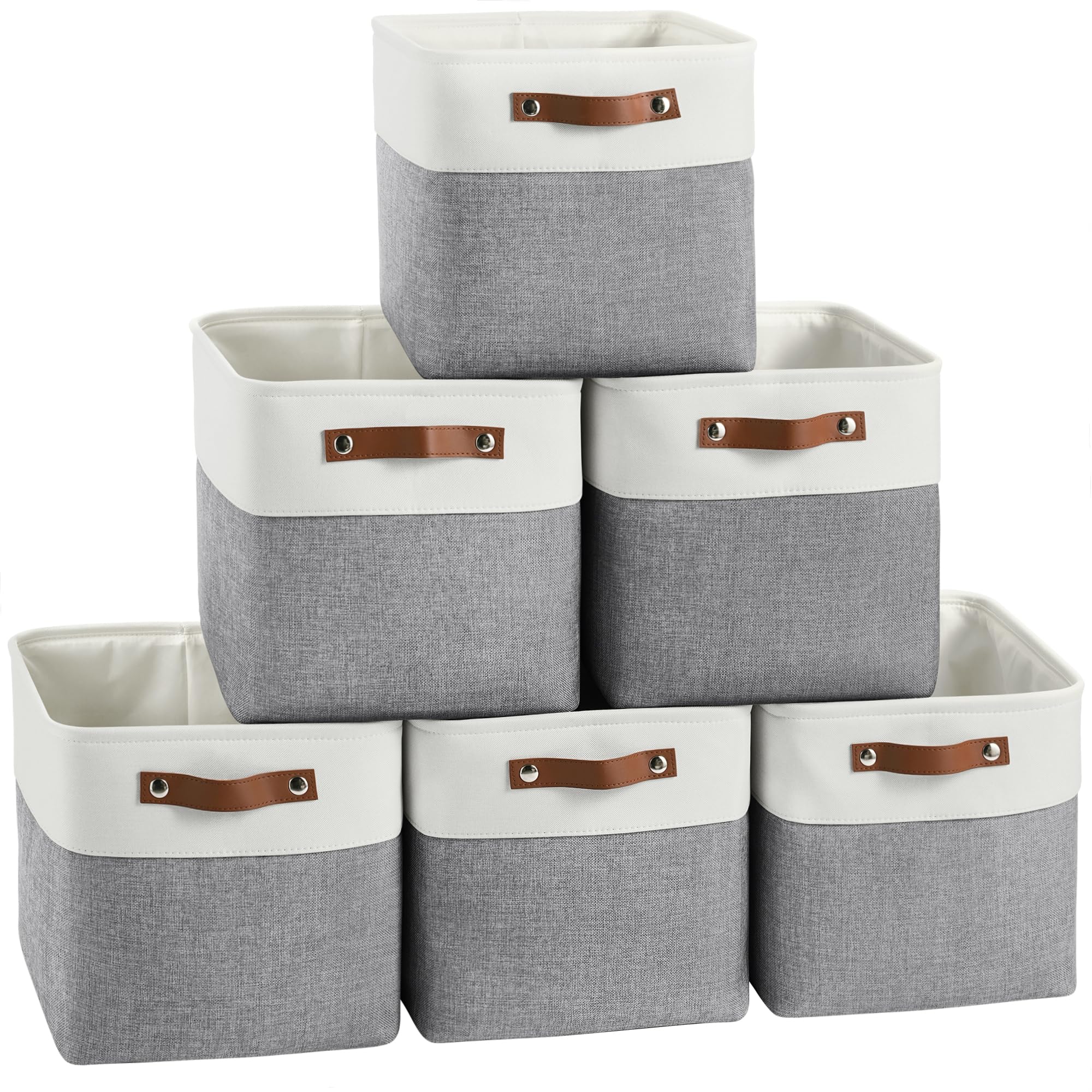 FinishingBo Cube Storage Baskets 6 Pack, 11x11 inch Cube Storage Bins with Leather Handles for Shelf Closet (White/ Gray)