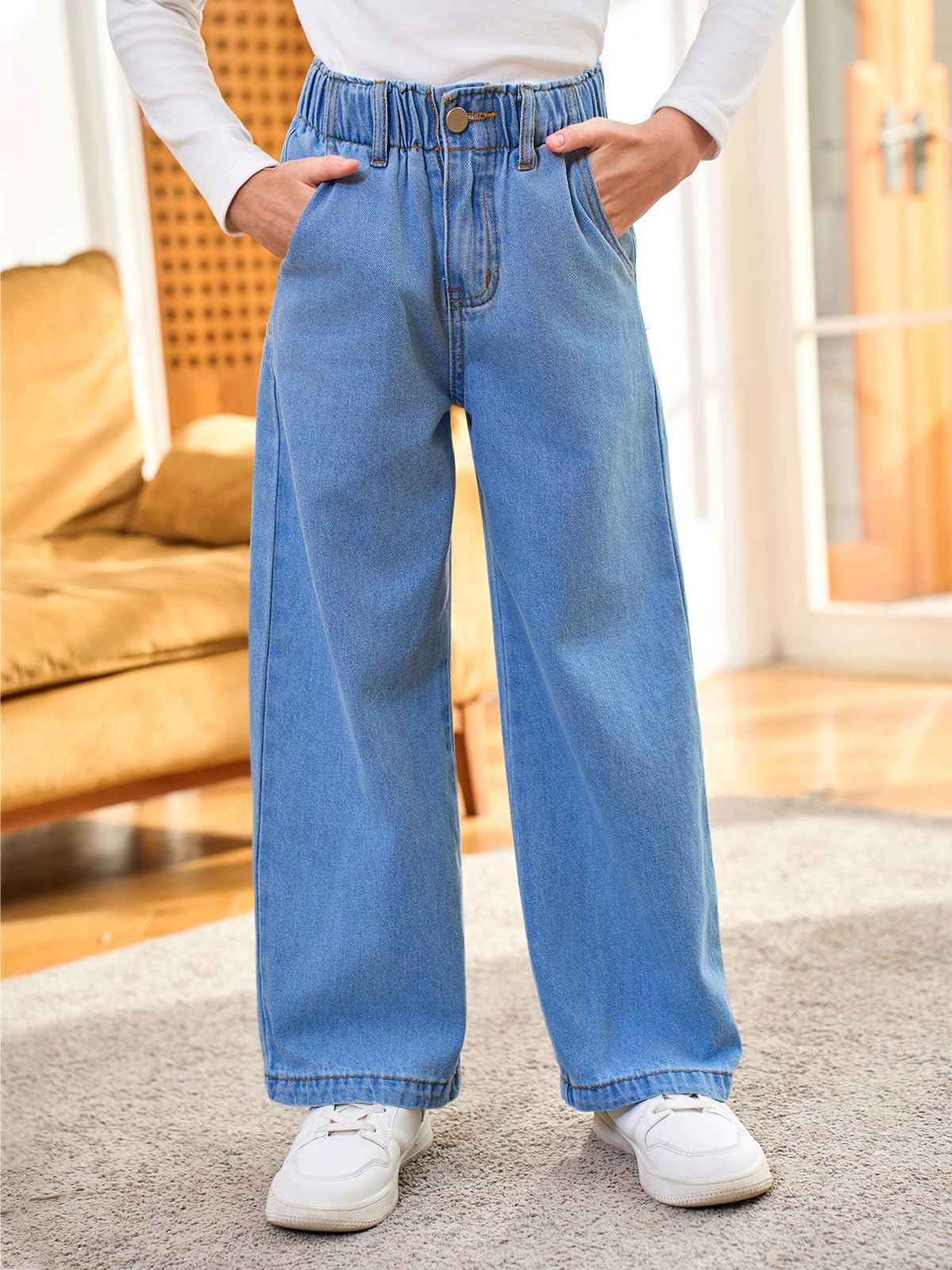 Haloumoning Jeans da bambina a gamba larga per bambini con elastico in vita casual Demin pantaloni con tasche 5-14 anni