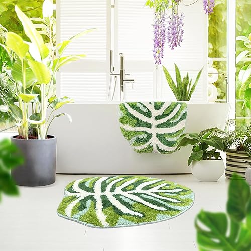 Miniatura 3 de Alfombra de baño de hojas verdes, alfombra de baño con plantas tropicales, bonita decoración, 18 x 29 pulgadas, antideslizante, absorbente, suave,