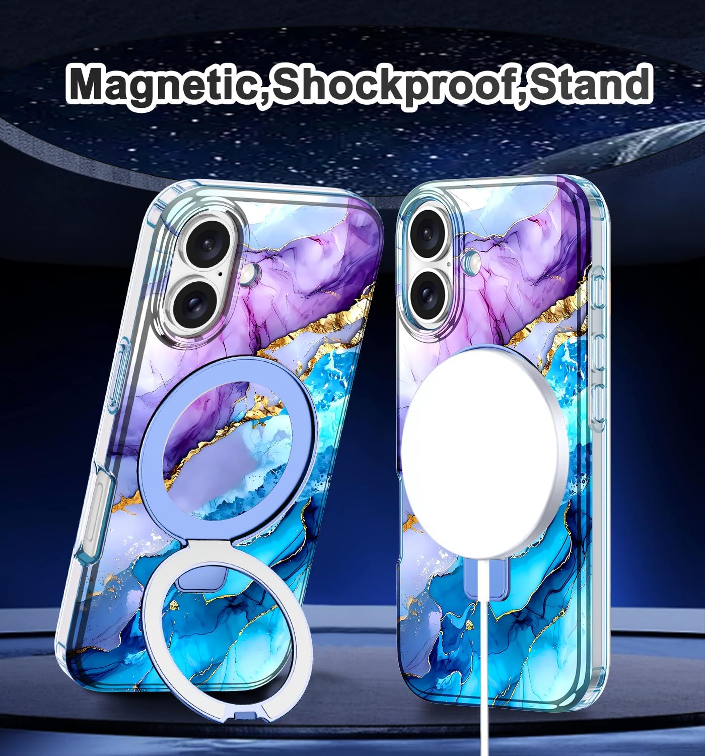 Lamcase for iPhone 16 Plus Case with Magnetic Invisible Ring Stand [Compatible with MagSafe], Full Body Rugged Slim Women Men Girl Shockproof Marble Pattern Design Case, Purple/Blue - Image 7