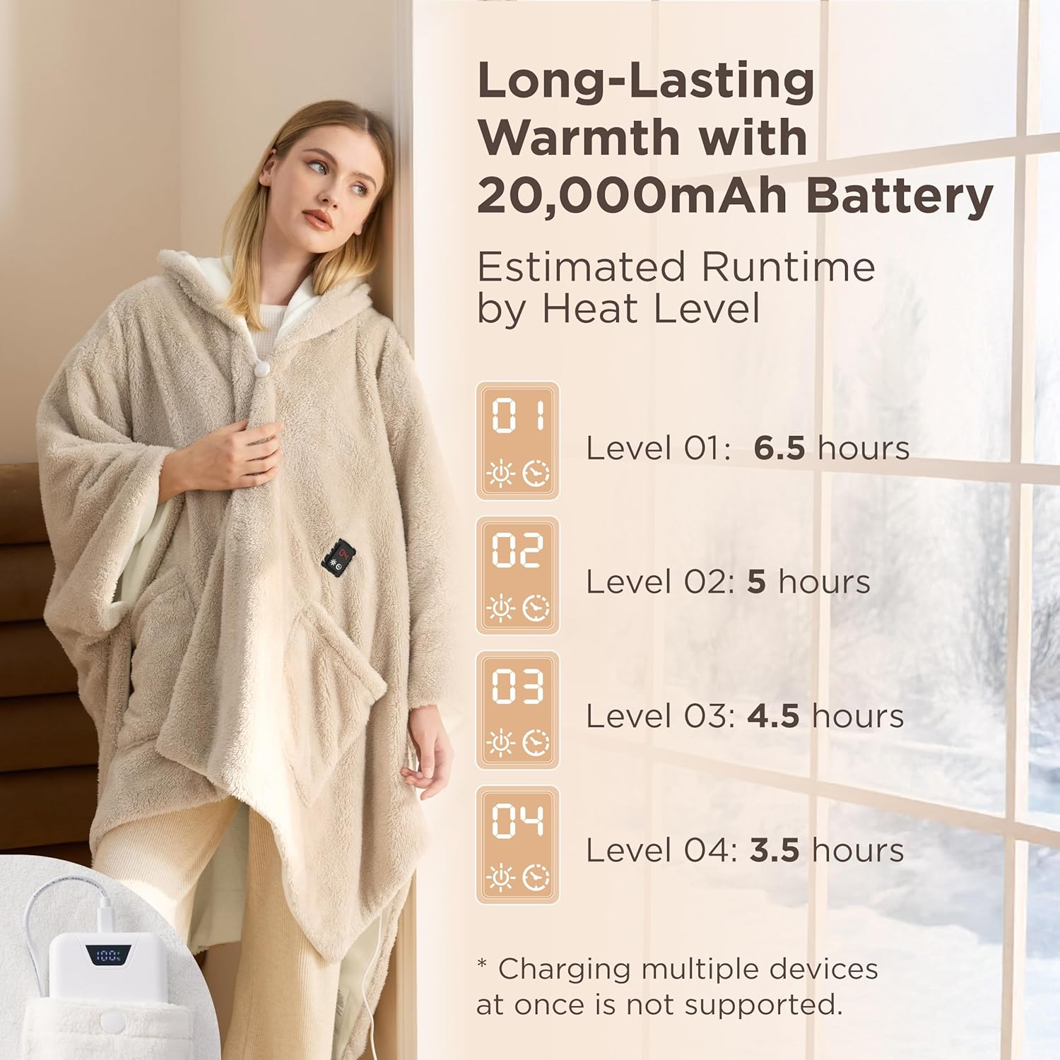 Bedsure Cordless Wearable Heated Blanket - Fluffy Electric Blanket Hoodie with 20000mAh Battery Pack, Portable USB Heated Shawl as Winter Gifts for Women Mom, 4 Heat Levels & 4 Timers, 55"x69", Cream - Image 3