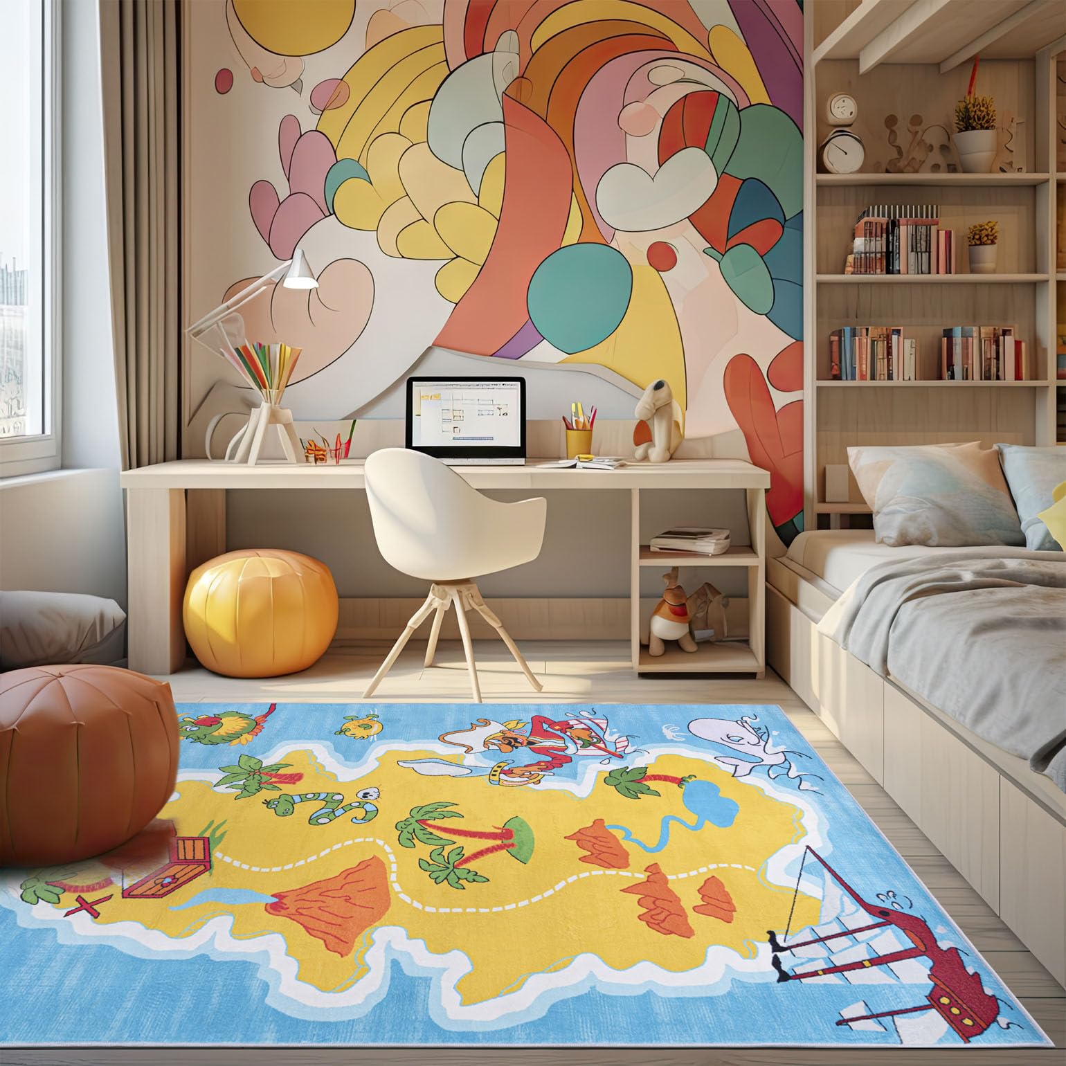 Mazovia Spielteppich Kinderzimmer 140x200cm Blau Gelb Landkarte rutschfest