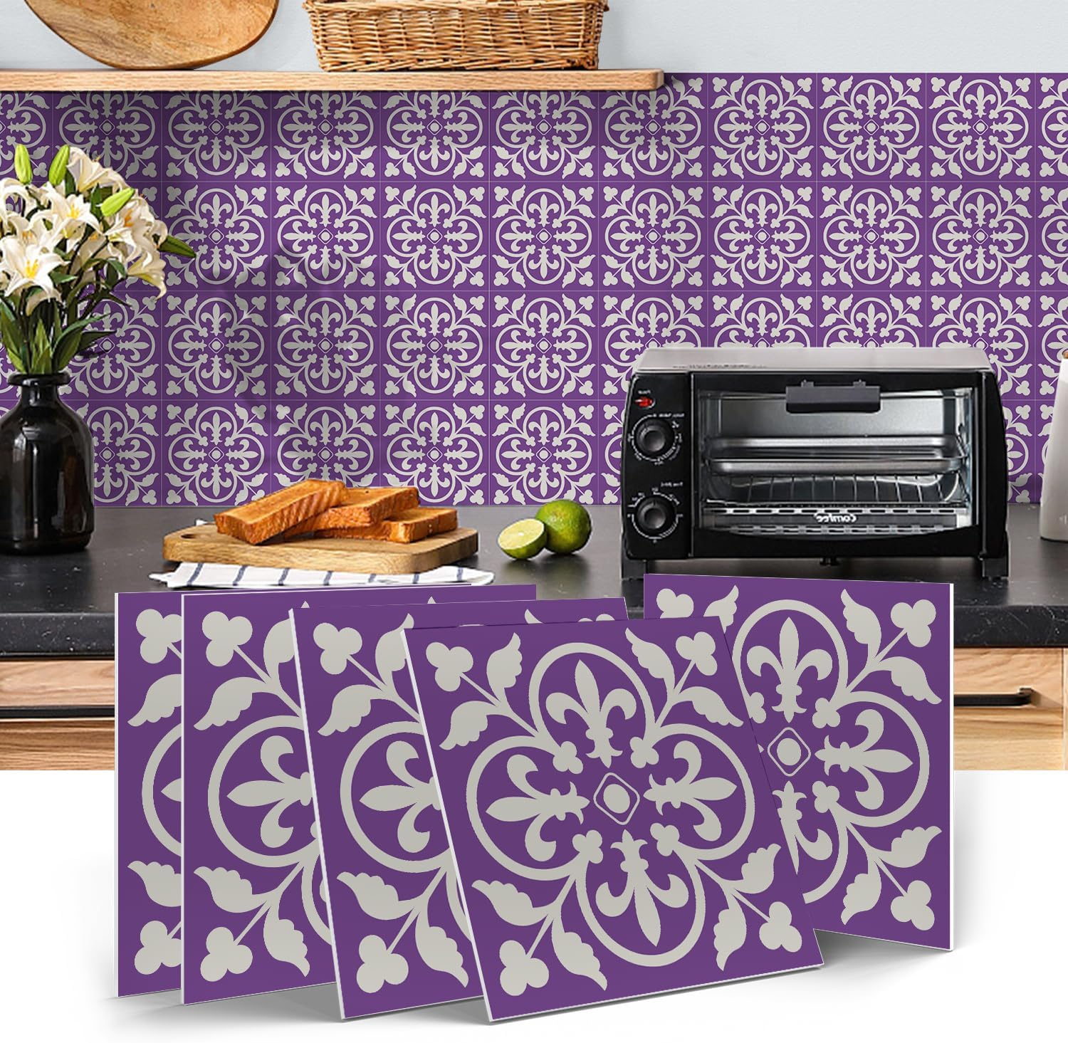 Alwayspon 12 Sheet 6x6inch 3D Thicken Foaming Board Vinyl Backsplash Marble Tiles, Self-Adhesive Peel and Stick Wall Tile Stickers Stick on Subway Tiles for Kitchen Bathroom Wall, Purple Floral