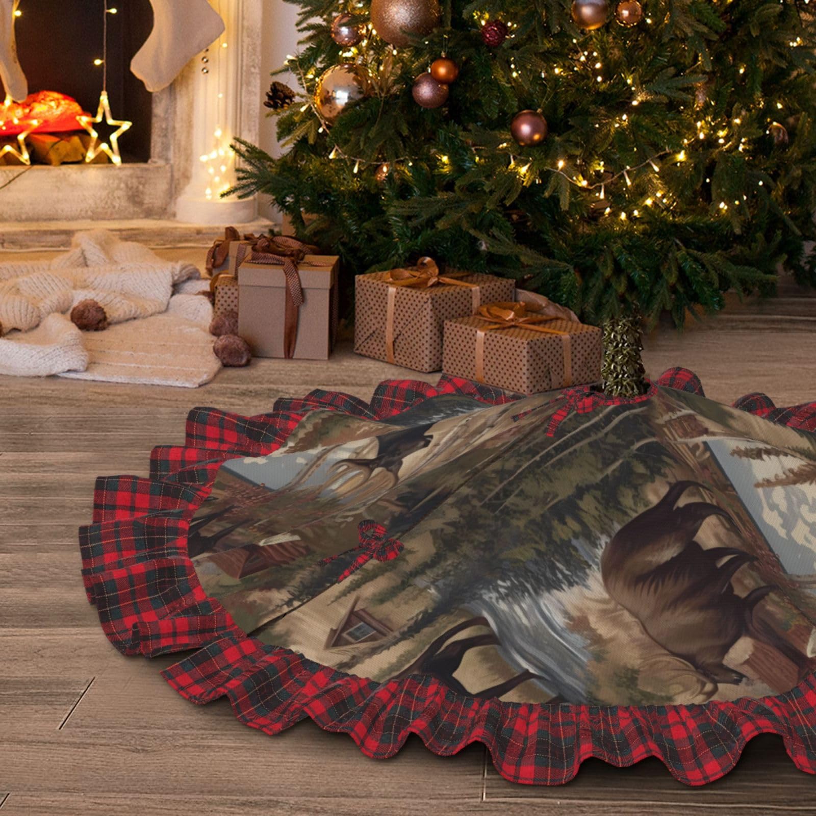 Jupe de sapin de Noël haut de gamme 121 cm avec dentelle et tissu étanche pour grand arbre
