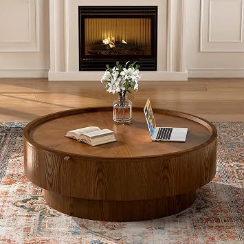 Modern Round Wooden Drum Coffee Table with Storage