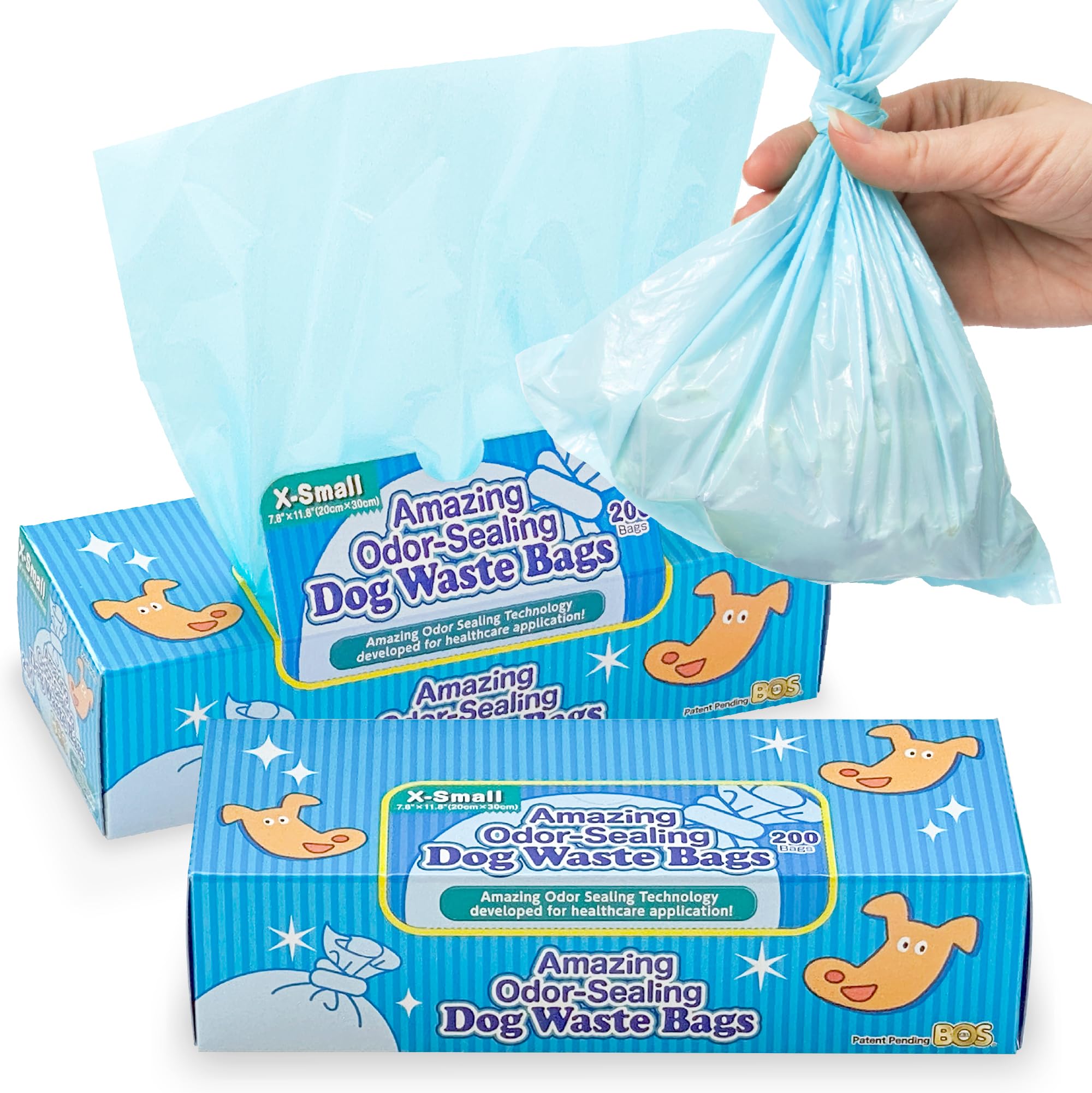 BOS Amazing Olores Selladores Bolsas para Caca de Perro – Duraderas y sin perfume [Tamaño: XS, Color: Azul claro] (200 unidades, paquete de 2) (400 bolsas)