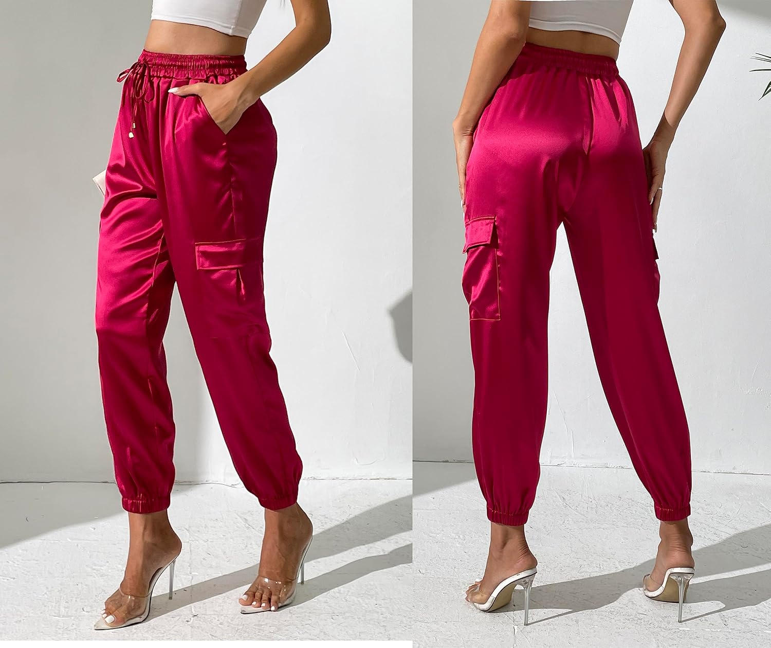 Women's Satin Cargo Joggers Pants Dressy Casual Silky Elastic High Waist Trousers - Image 2