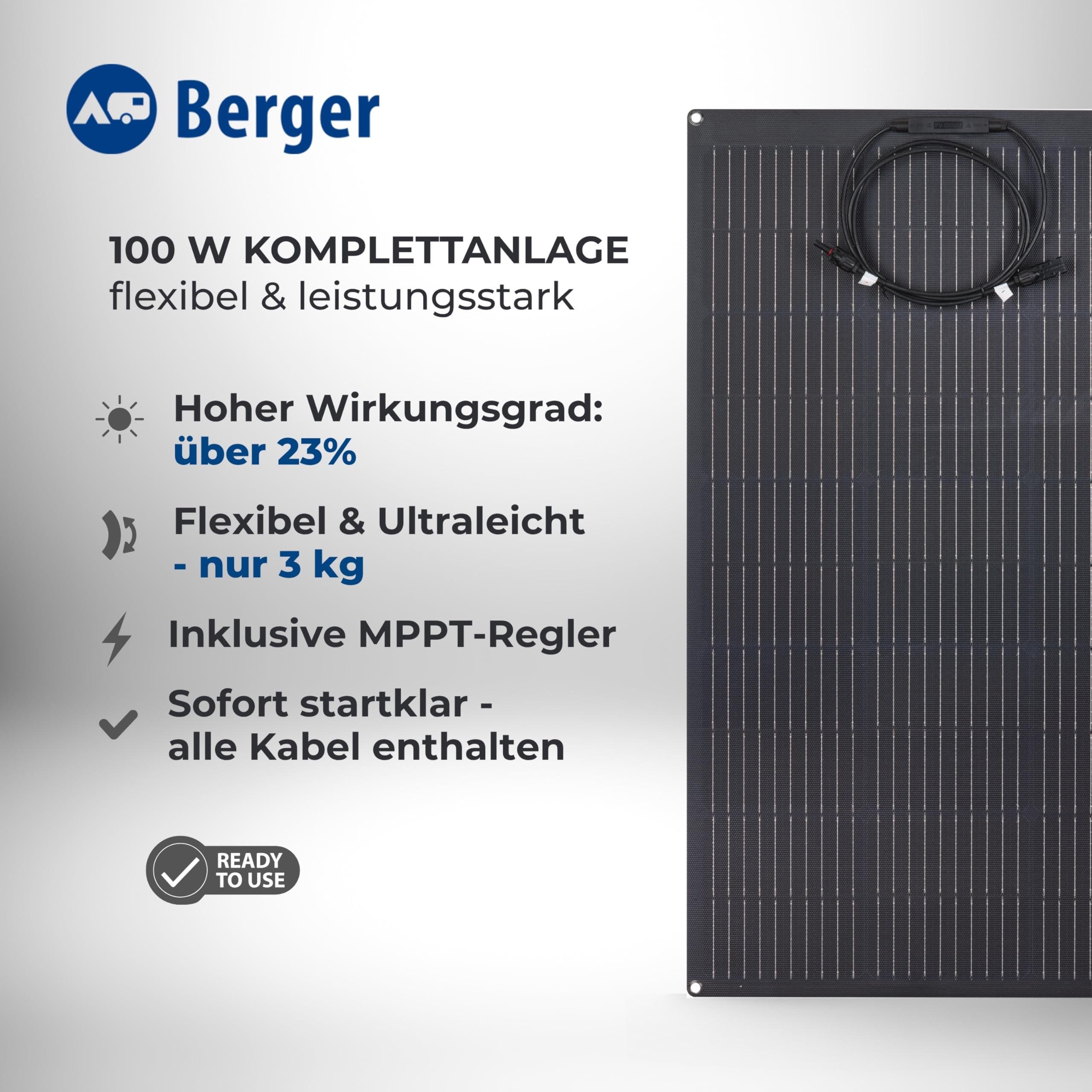 BERGER | Set Pannelli Solari Flessibili 100W Deluxe Flex - Pannello Solare Pieghevole con Regolatore MPPT 20A, Alta Efficienza 23%, Pannello Solare Portatile Campeggio per Camper, Barche e Tetti
