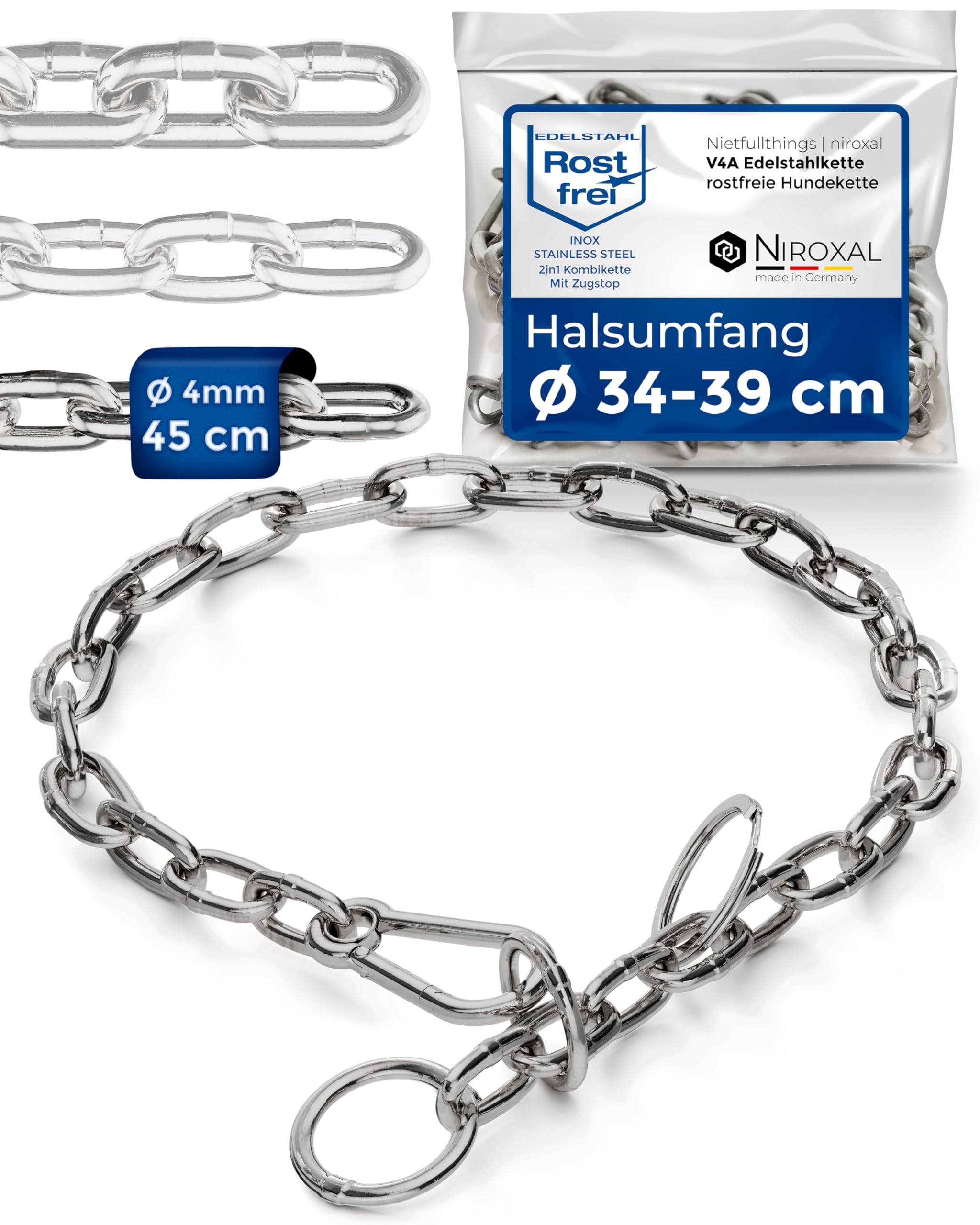 Dog Training Chain Collar with Pull Stop Stainless Steel Short Link Dog Chain 4 mm, Neck Size 34-39 cm, Total Length 45 cm