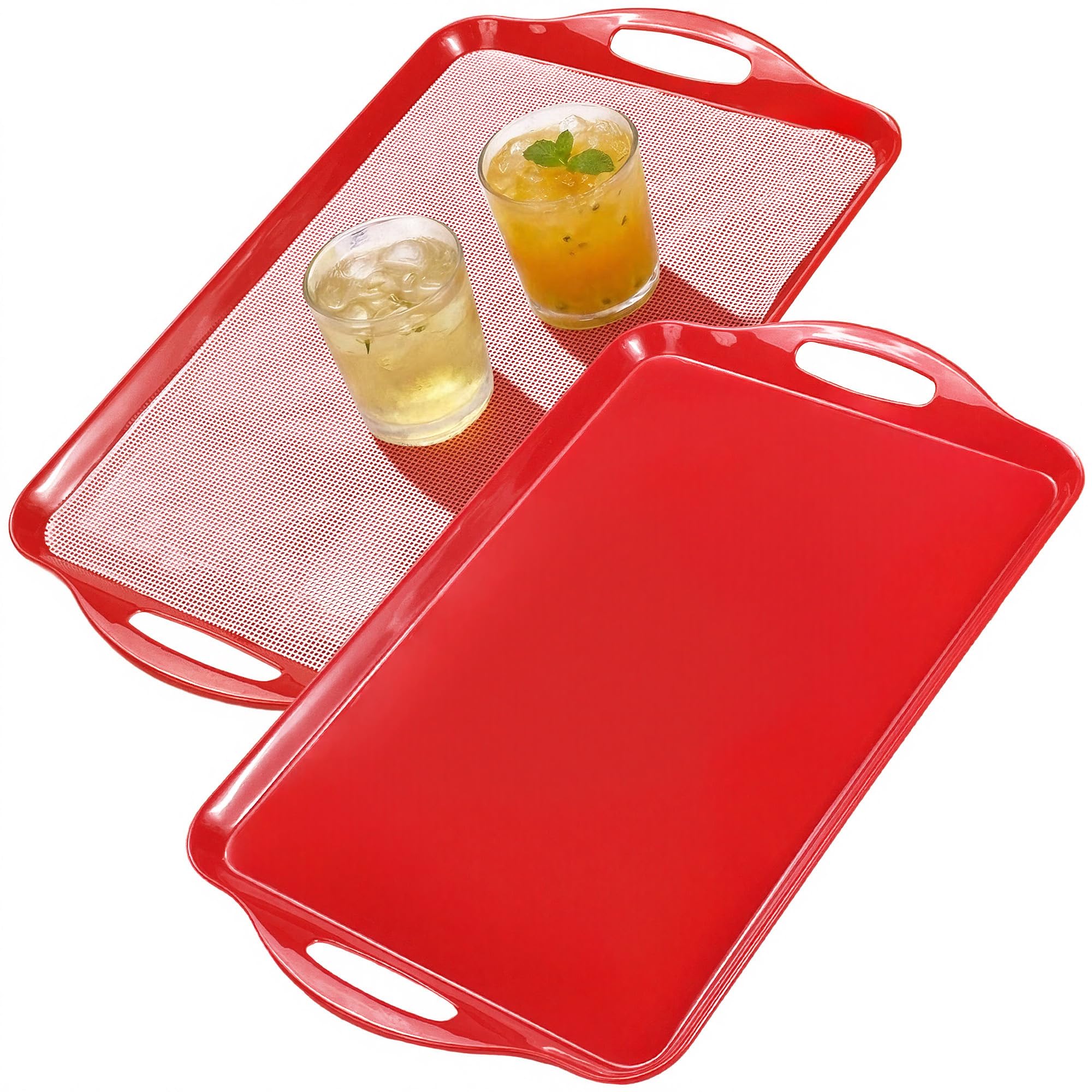Grande vassoio da portata con manici, 48 x 29 cm, piatti rettangolari in melamina, per servire cibo, tacchino, biscotti, cupcake, dessert, lavabili in lavastoviglie, senza BPA, set di 2 (rosso)
